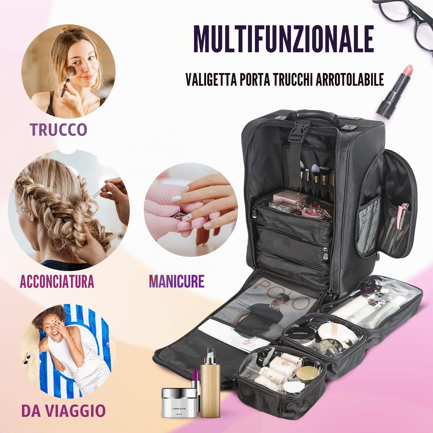 Organizer Portatile per Cosmetici, in Nylon Morbido Con Sacchetti, Nero