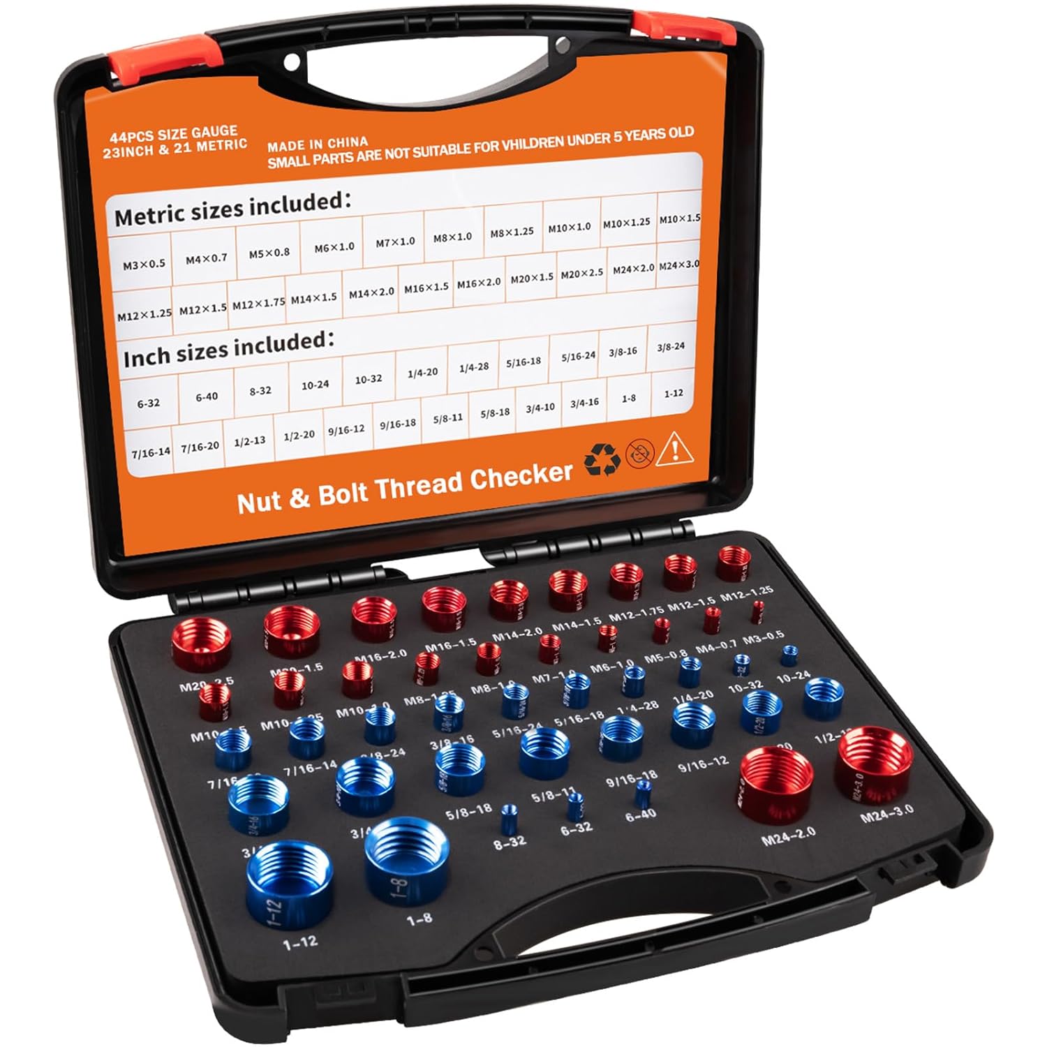 44PCS Nut and Bolt Thread Checker - Comprehensive Bolt Size and Thread Gauge Tool, Inch & Metric Sizes, with Handy Tool Box, Excellent for Home Garages and Car Repairs