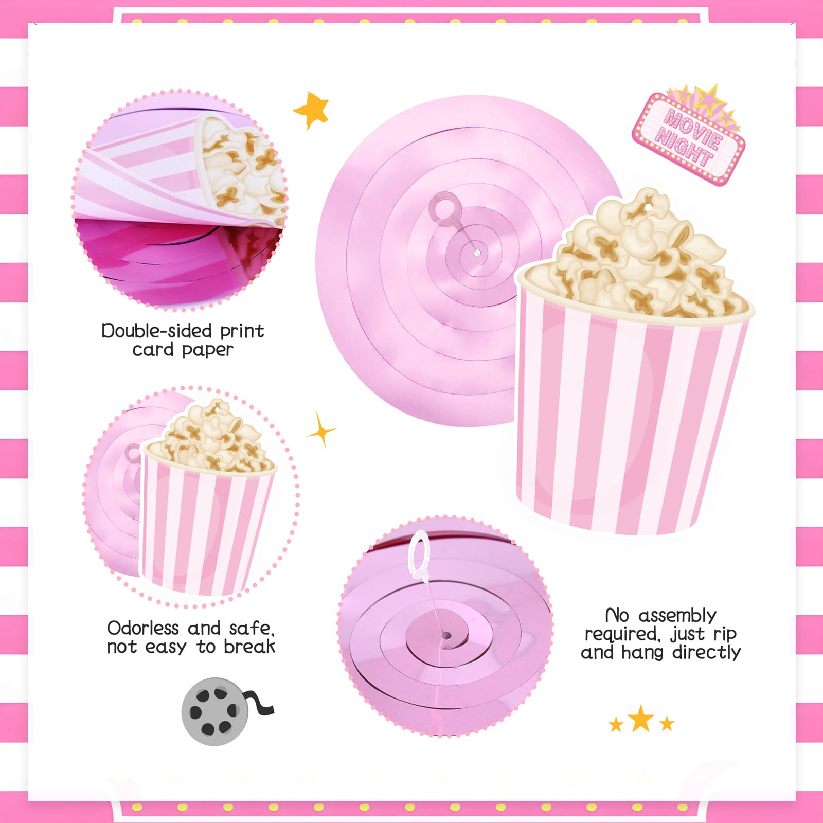 K KUMEED Movie Night Party Decorations,Pink Movie Theme Hanging Swirl Decorations,Cute Popcorn Foil Swirls Ceiling for Baby Shower Birthday Party Film Party Supplies Family Party Girls Boys