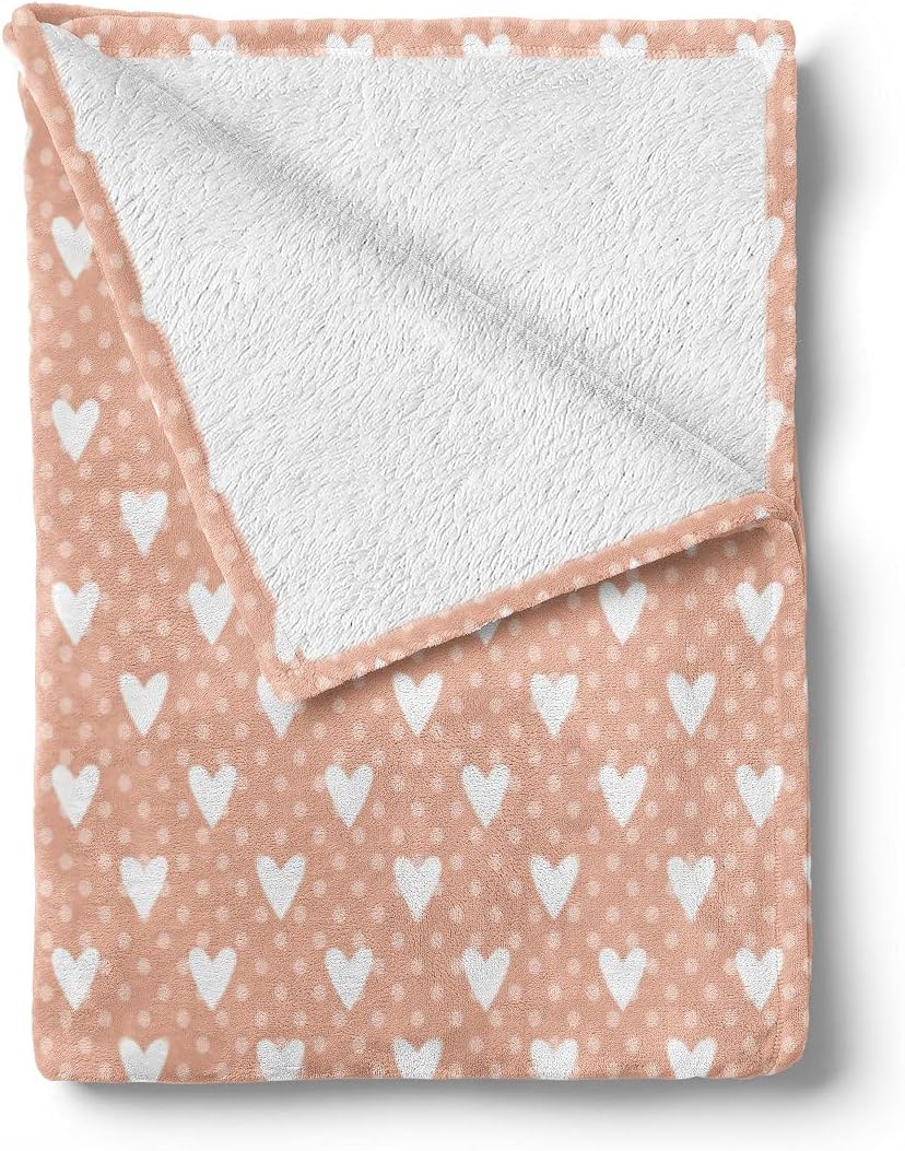 Lunarable Valentine Throw Blanket, Pattern with White Hearts and Pastel Polka Dots Romantic Retro, Flannel Fleece Accent Piece Soft Couch Cover for Adults, 50" x 60", Pale Pink White Peach