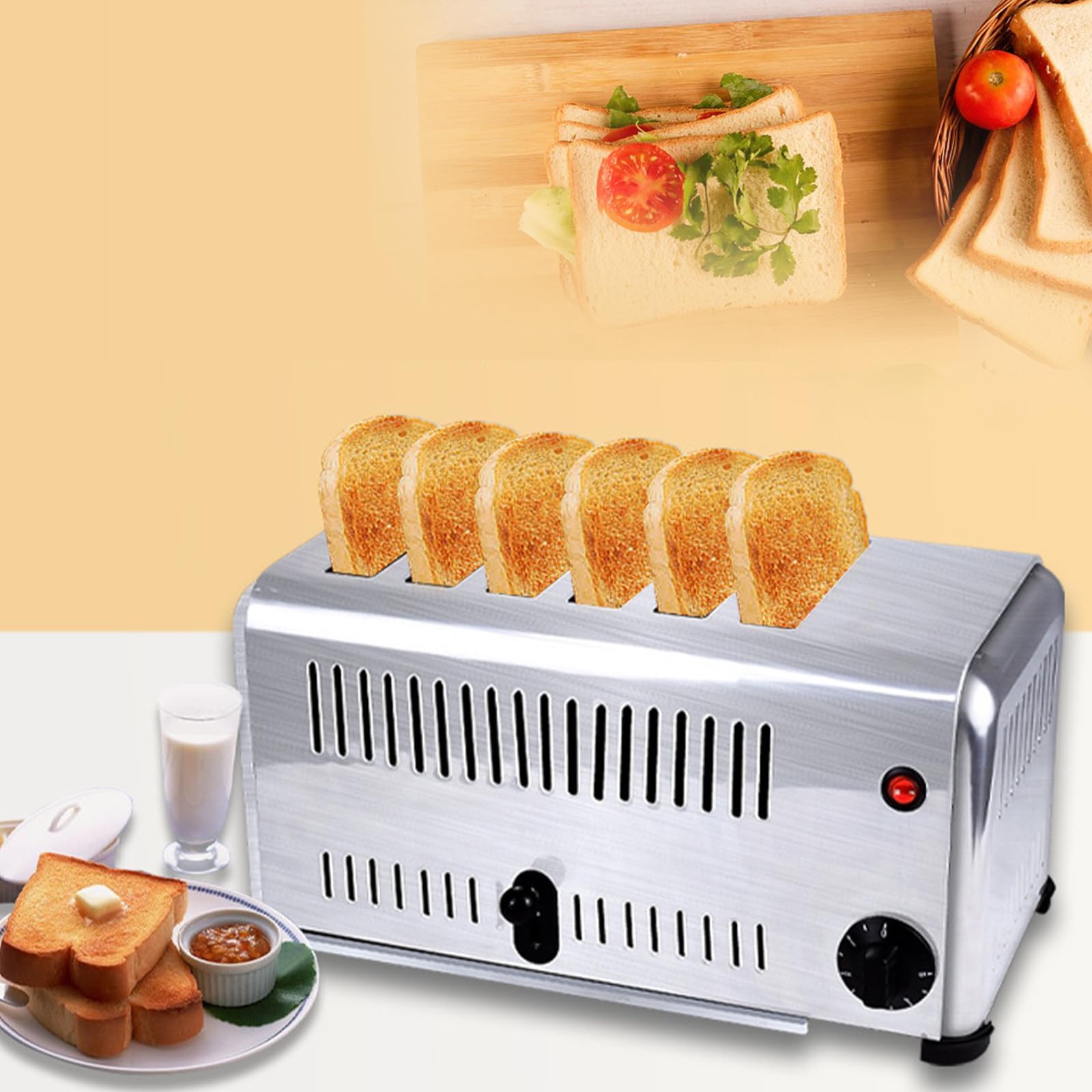 Tostadora de 6 rebanadas Tostadora de Pan Comercial eléctrica de Acero Inoxidable de 1680 W Tostadora de Bagels Tostadora de Metal Ancha de 6 Ranuras Tostadora de encimera con Pinzas