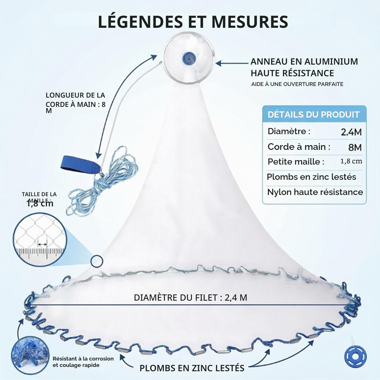 Filet à Lancer de 2,4 m de diamètre en Nylon monofilament avec Corde de 8 m | Filet maillé de 0,5 doigt, épervier pour lancer à la main, adapté à la pêche en rivière, au lac ou en bord de mer