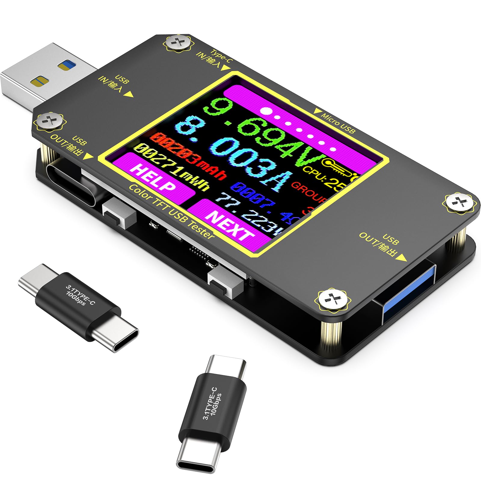 YEREADW USB電圧電流テスター 2-in-1 マルチメーター タイプC コネクター 0-8A 4.5~24V 360°回転スクリーン搭載 黒い