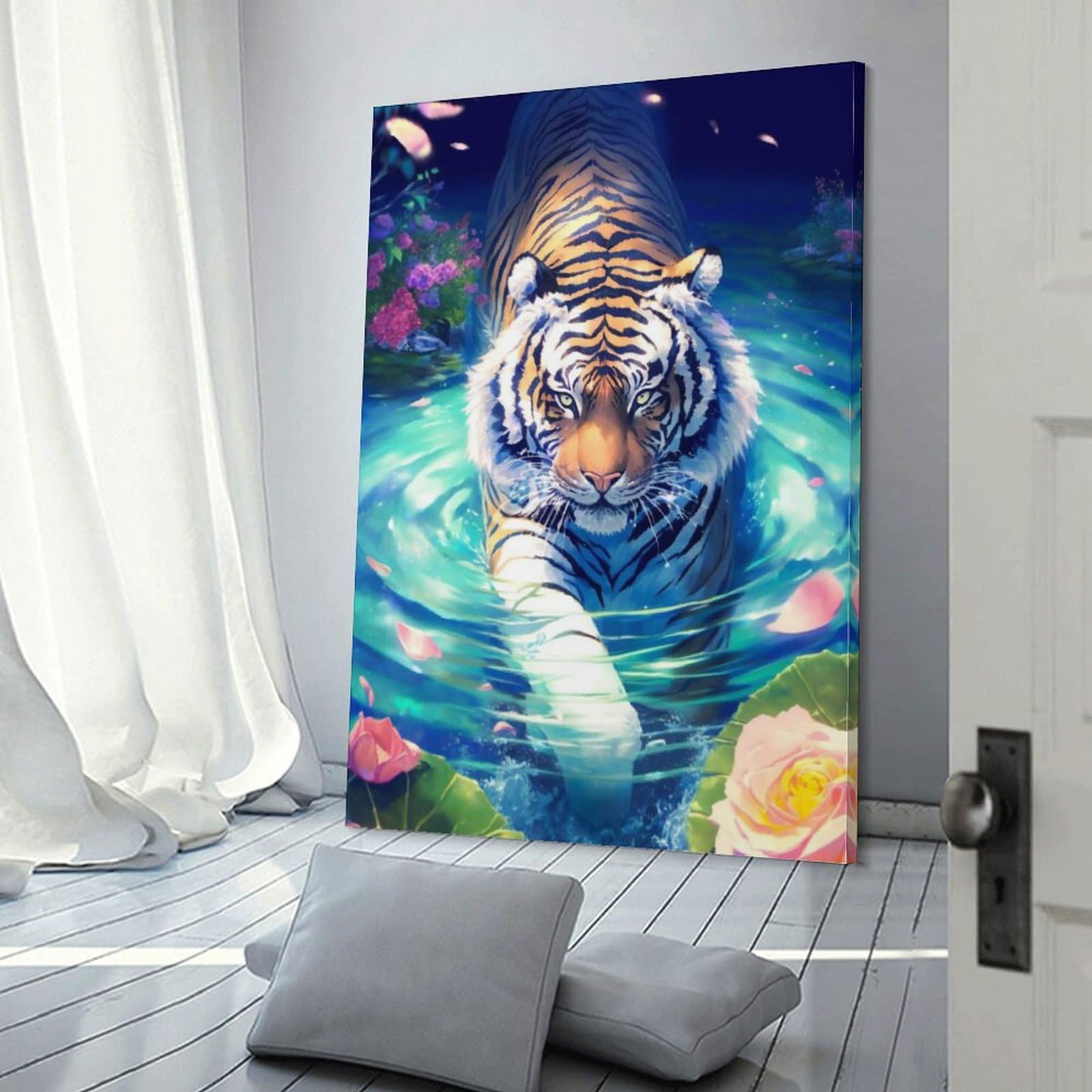 守護の力！！絵　アート作品　絵画　動物　スピリチュアル　　インテリア Amazon.co.jp: 絵画 水の中の虎インテリア 絵画 水彩画の動物 アート