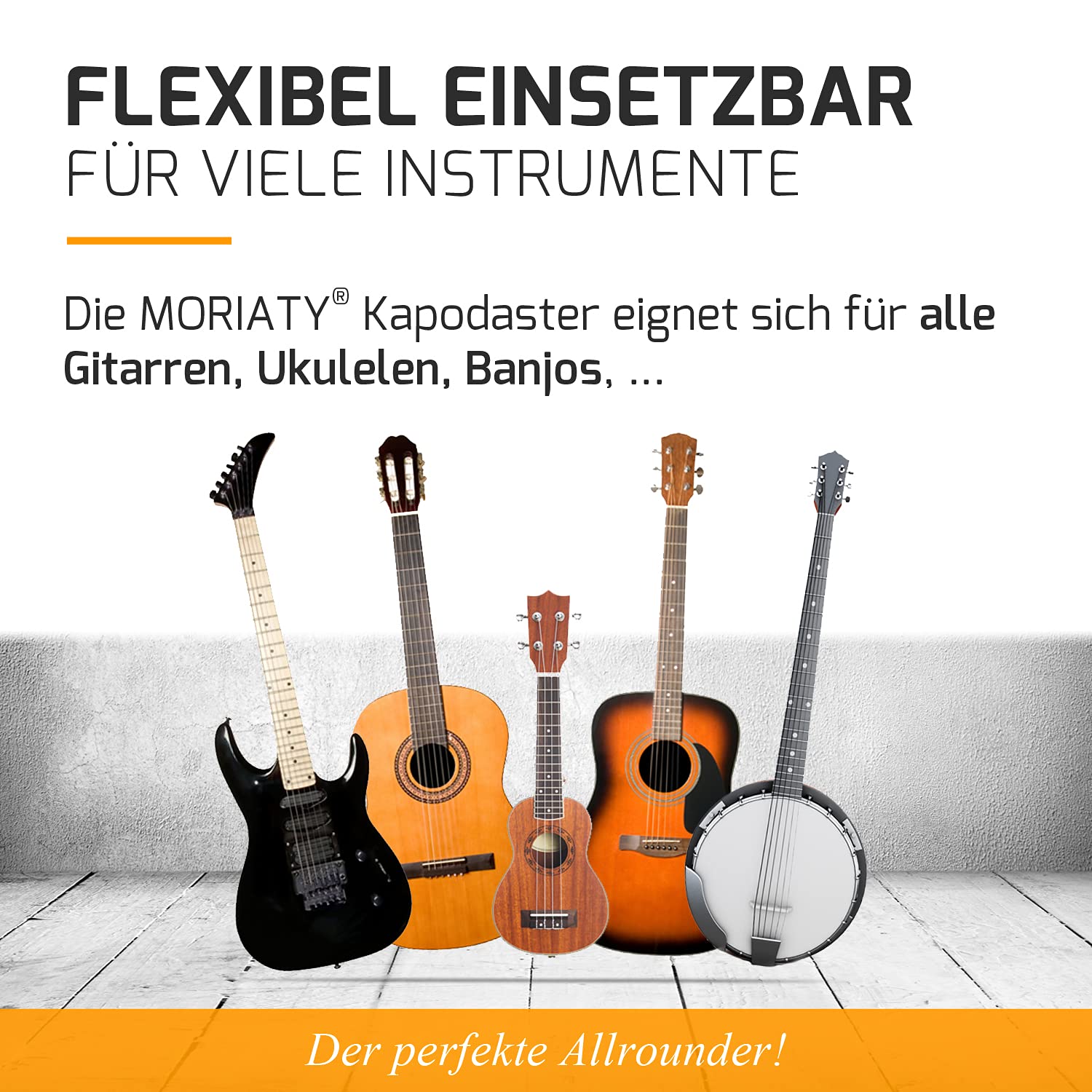 MORIATY QuickChange kapodaster do gitary + 3 kostki + szkoła gitarowa – bardzo wytrzymały Capo do gitary westernowej, akustycznej, koncertowej, elektrycznej, banjo i ukulele