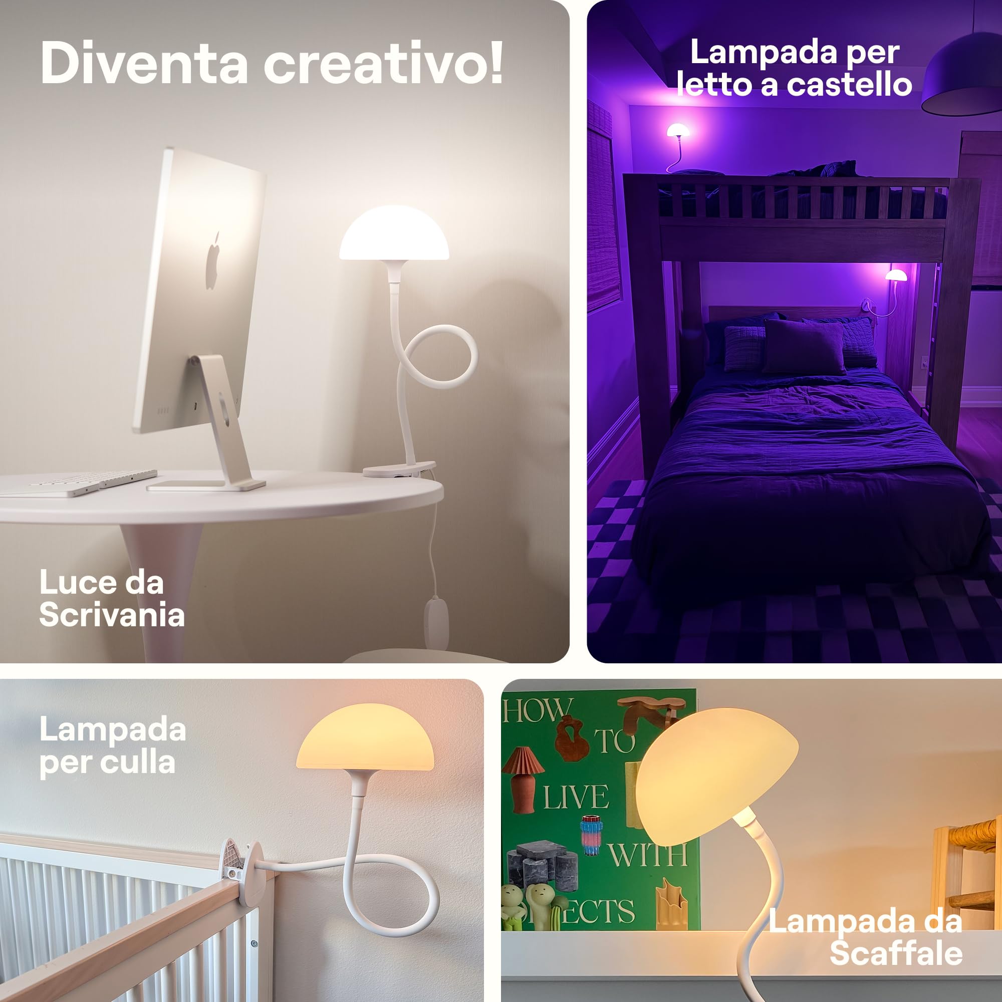 Piccola lampada da comodino regolabile Shroommate con clip, lampada da lettura per cameretta dei bambini, scrivania, testiera, LED multicolore intercambiabile con adattatore (bianco)