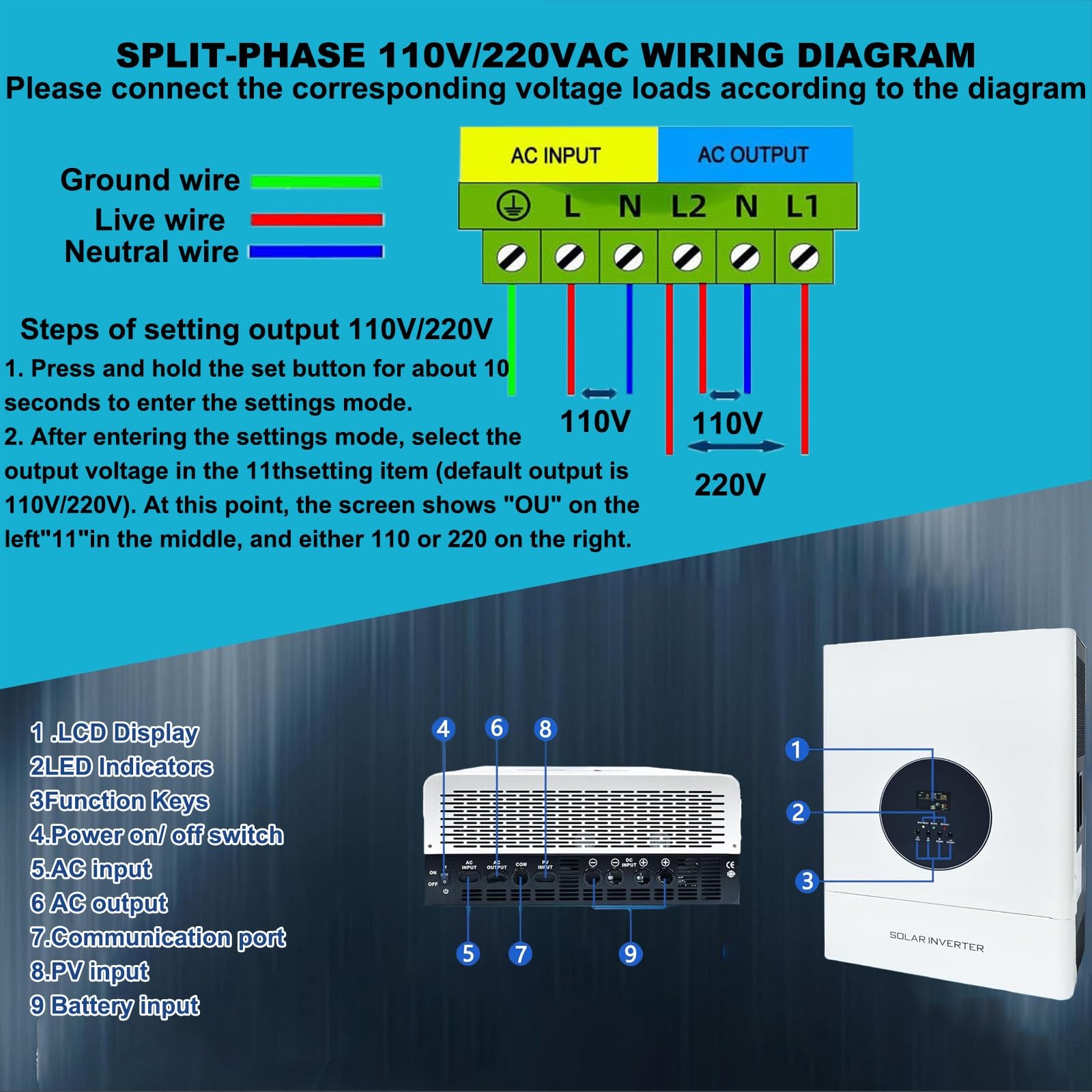 5000W Inversor Híbrido Split Phase 48V a 110V 220V Baja Frecuencia Onda Senoidal Pura Regulador MPPT 120A Cargador AC 30A para Taller Mecánico e Instalación Isla(Single Phase)