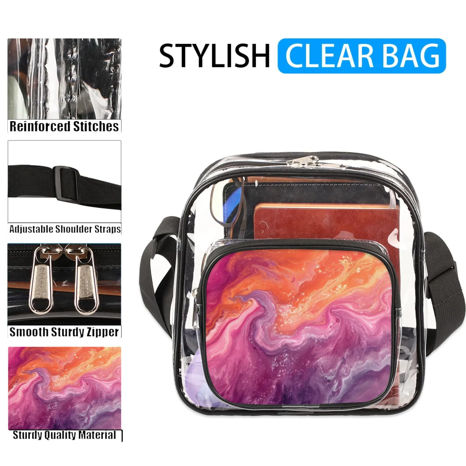 Clear Crossbody Bag Stadium Approved Abstract Marble Purple Transparent Bag for Festivals, Sports Events, Concerts,Beach Bag for Women Men Clear Purse with Front Pocket Messenger Bag