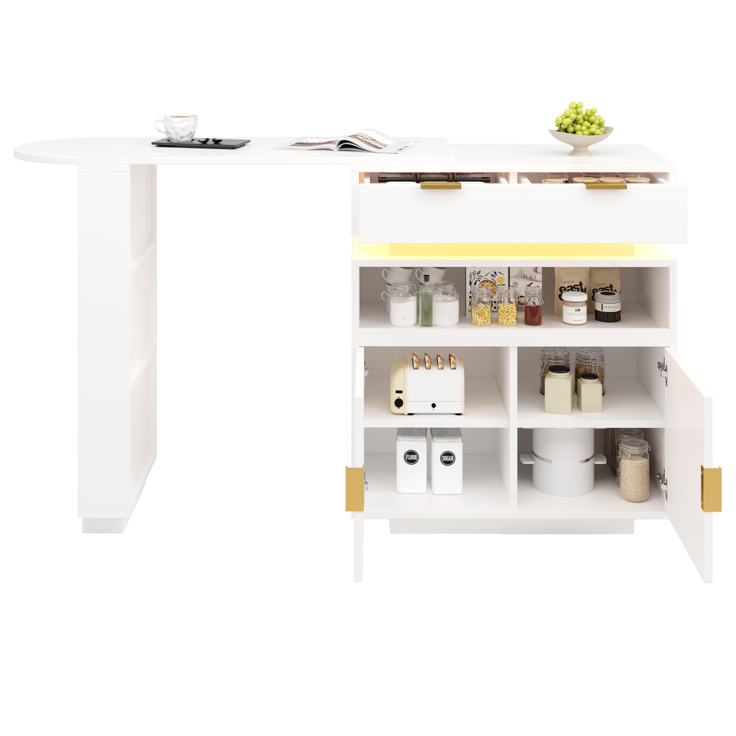 Tavolo da bar allungabile, con spazio di archiviazione, rotazione a 360°, 115-183 x 40 x 99,5 cm, bianco, per cucina e sala da pranzo