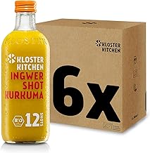 Kloster Kitchen Bio Ingwer Shot Kurkuma 12SHOTS 6x 360 ml mit echten Ingwerstückchen, Ingwer Shots mit Kurkuma in Glasflasche, vegan ohne Zusatzstoffe & mit natürlicher Süße (inkl. 1,50€ EINWEG Pfand)