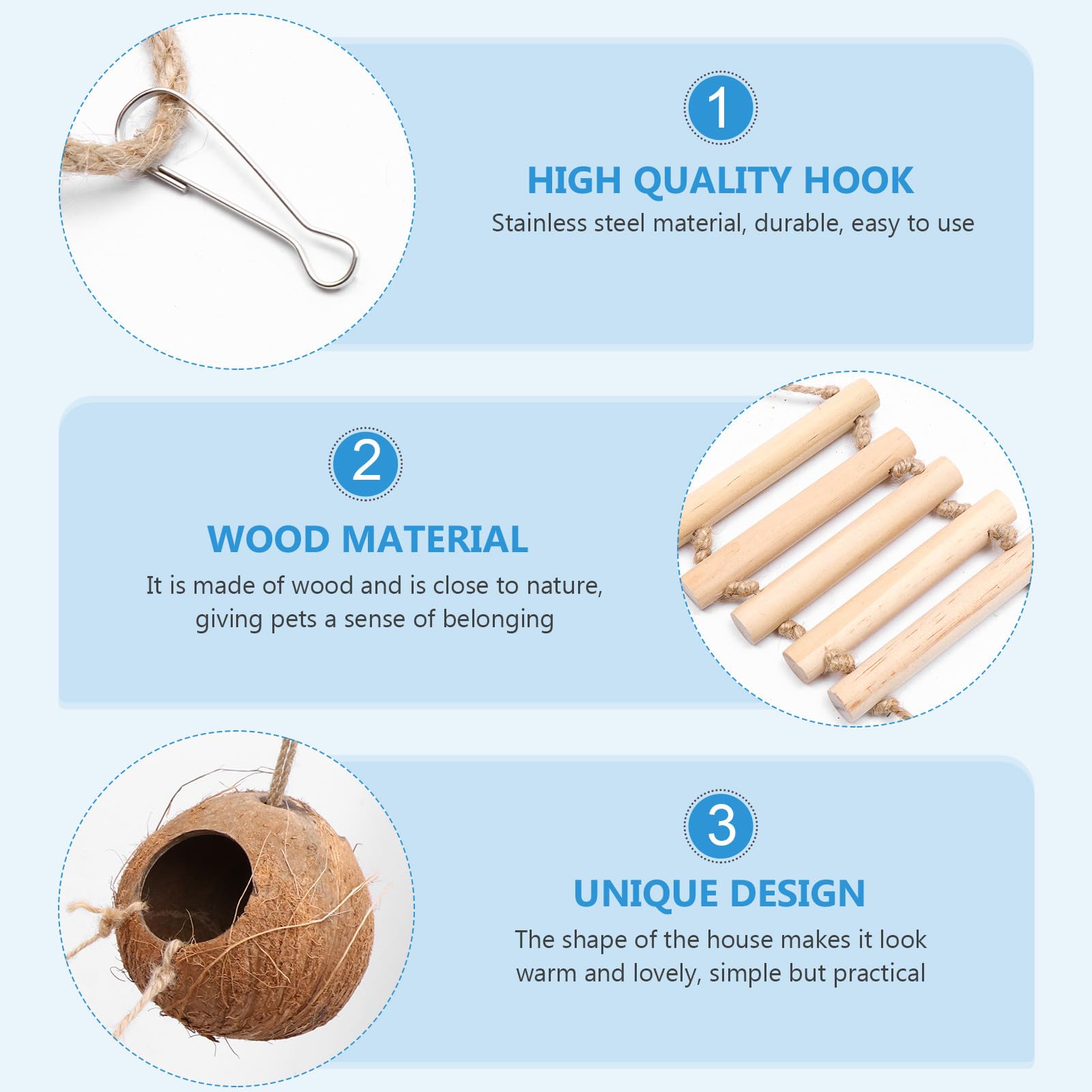 DOITOOL Vogel Kokosnussnest mit Holzleiter Naturmaterial für Kleine Vögel und Hamster Hängendes Nest für Vogelkäfig und Haustierspielzeug