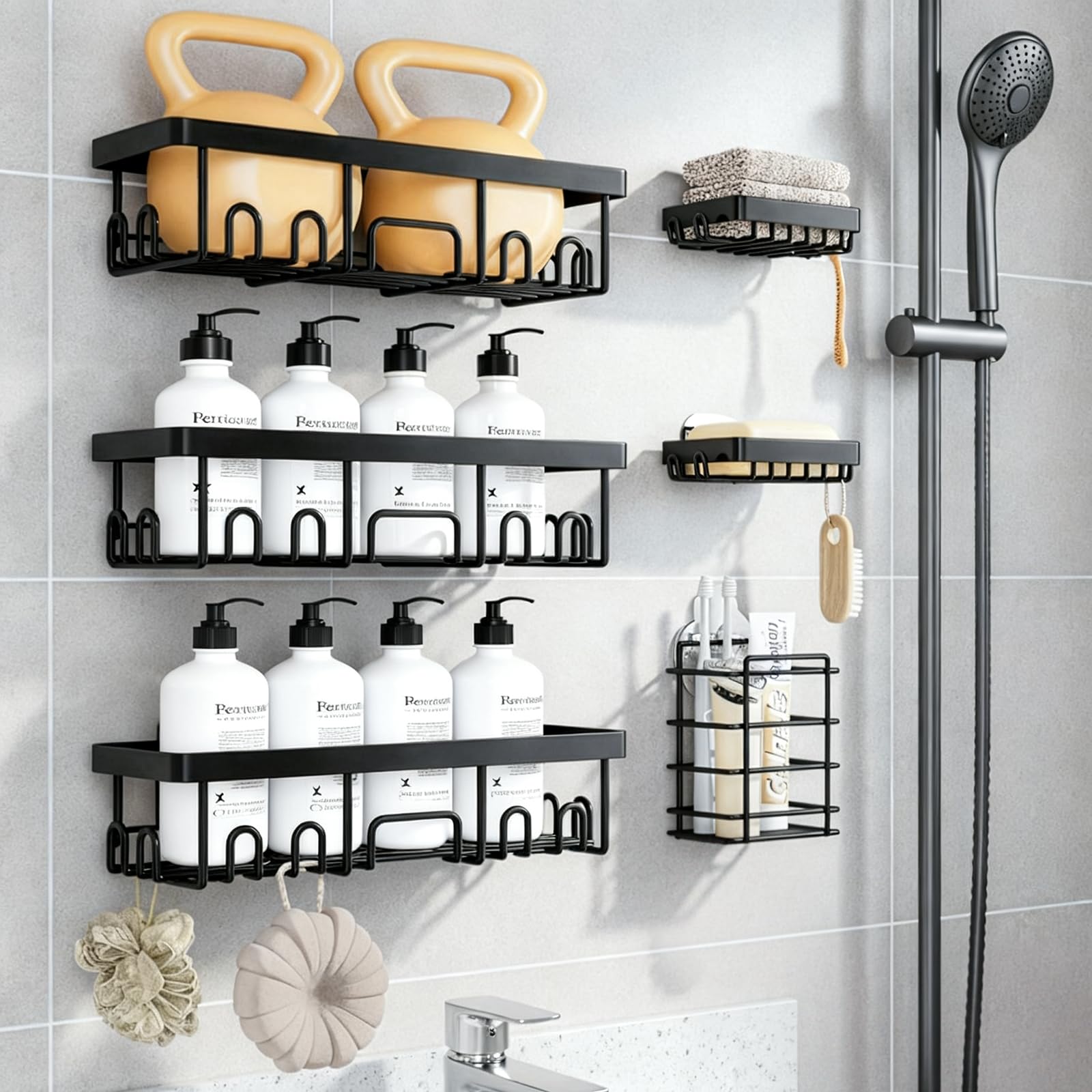 Okurim Adhesive Shower Caddy 6-Pack No-Drill Wall-Mounted Rustproof Shower Basket Large Capacity Bathroom Organizer Black