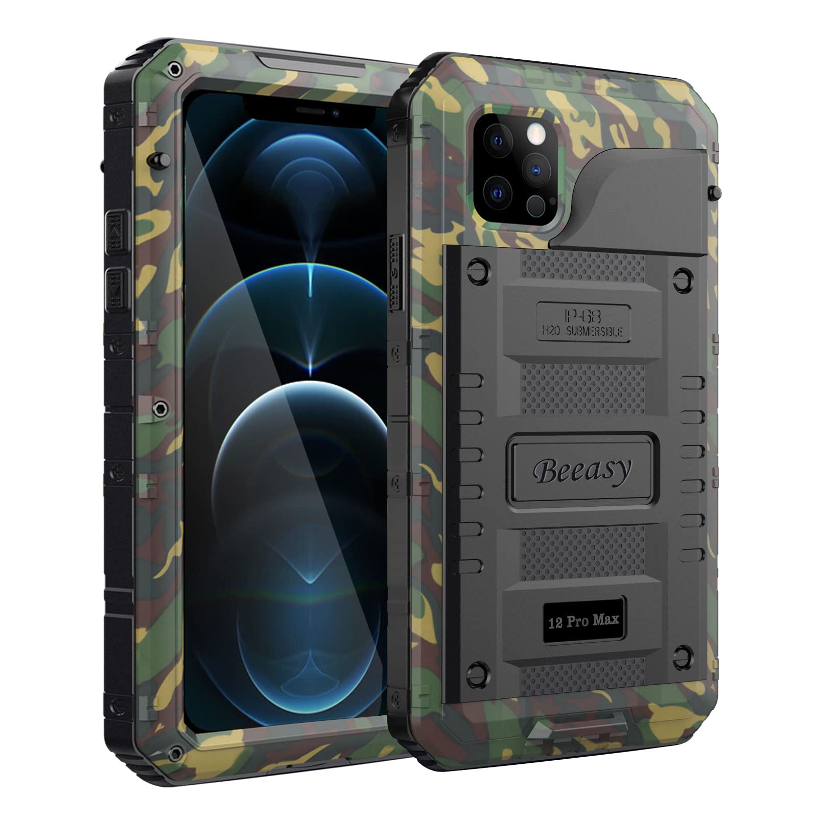 Beeasy Funda para iPhone 12 Pro MAX Impermeable Antigolpes Militar Metálica - IP68 Waterproof Agua Sumergible Acuatica, 360 Grado Completa Protectora, Irrompible Resistente Armor Carcasa, Camouflage