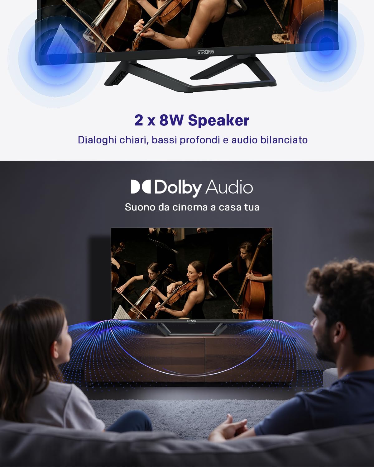 STRONG SRT32HG4723C 32'' TV HD, Nero | DVB-S2/C/T2, 12V Ideale per camper, cucina, 2 porte HDMI (1 ARC) + 1 porta USB + Mini-AV + Presa antenna/satellite