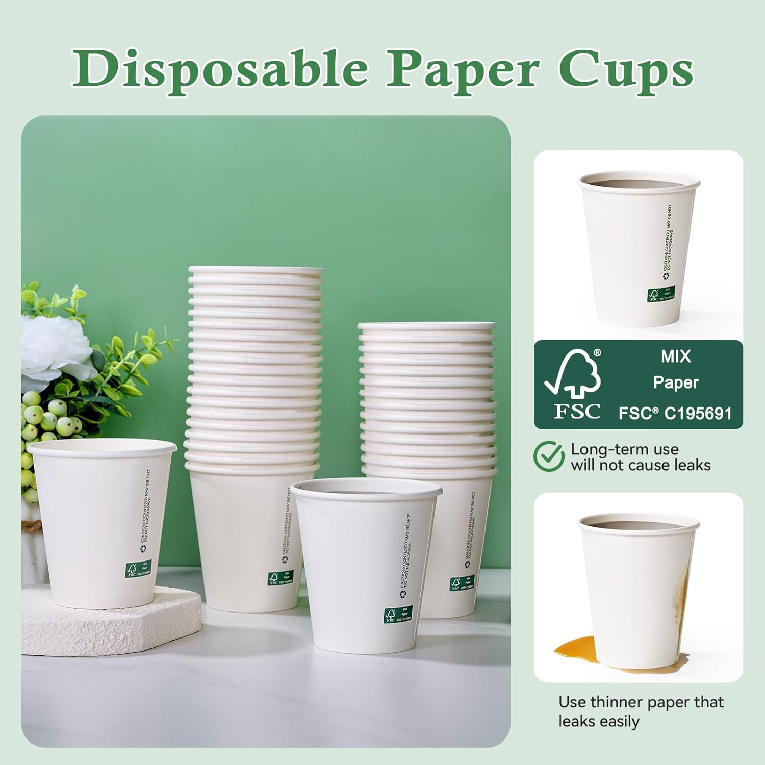 LITOPAK 210 Pack 10 oz Disposable Paper Coffee Cups, White FSC Hot Coffee Cups for Multiple Drinks for Office, Store, Home - Image 2