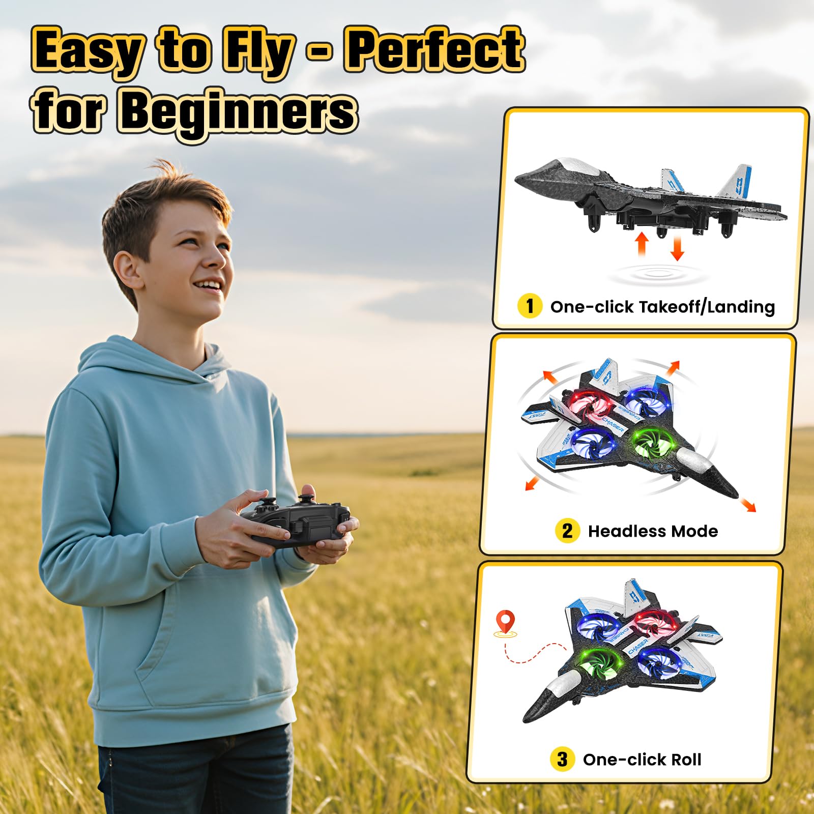 Ferngesteuertes Flugzeug, 3 Geschwindigkeitsstufen, RC Flugzeug, 360 ° Rotationen und Fässer, ausgestattet mit LED-Nachtlicht und 2 wiederaufladbaren Batterien, ideal für Anfänger und Kinder - 4