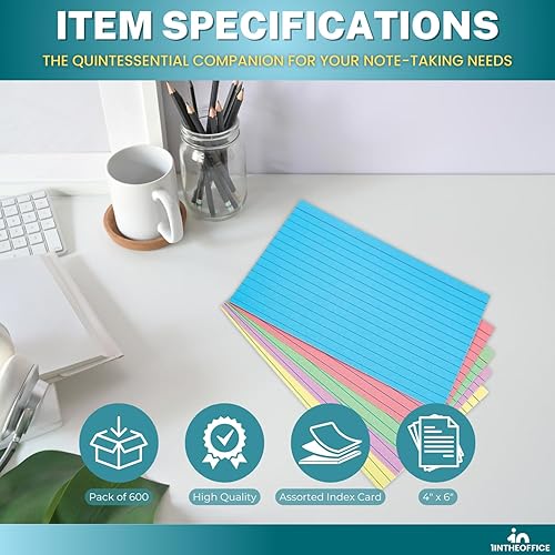 Miniatura 6 de 1InTheOffice Fichas de índice de 4 x 6 con rayas, color pastel, surtido de 600 unidades