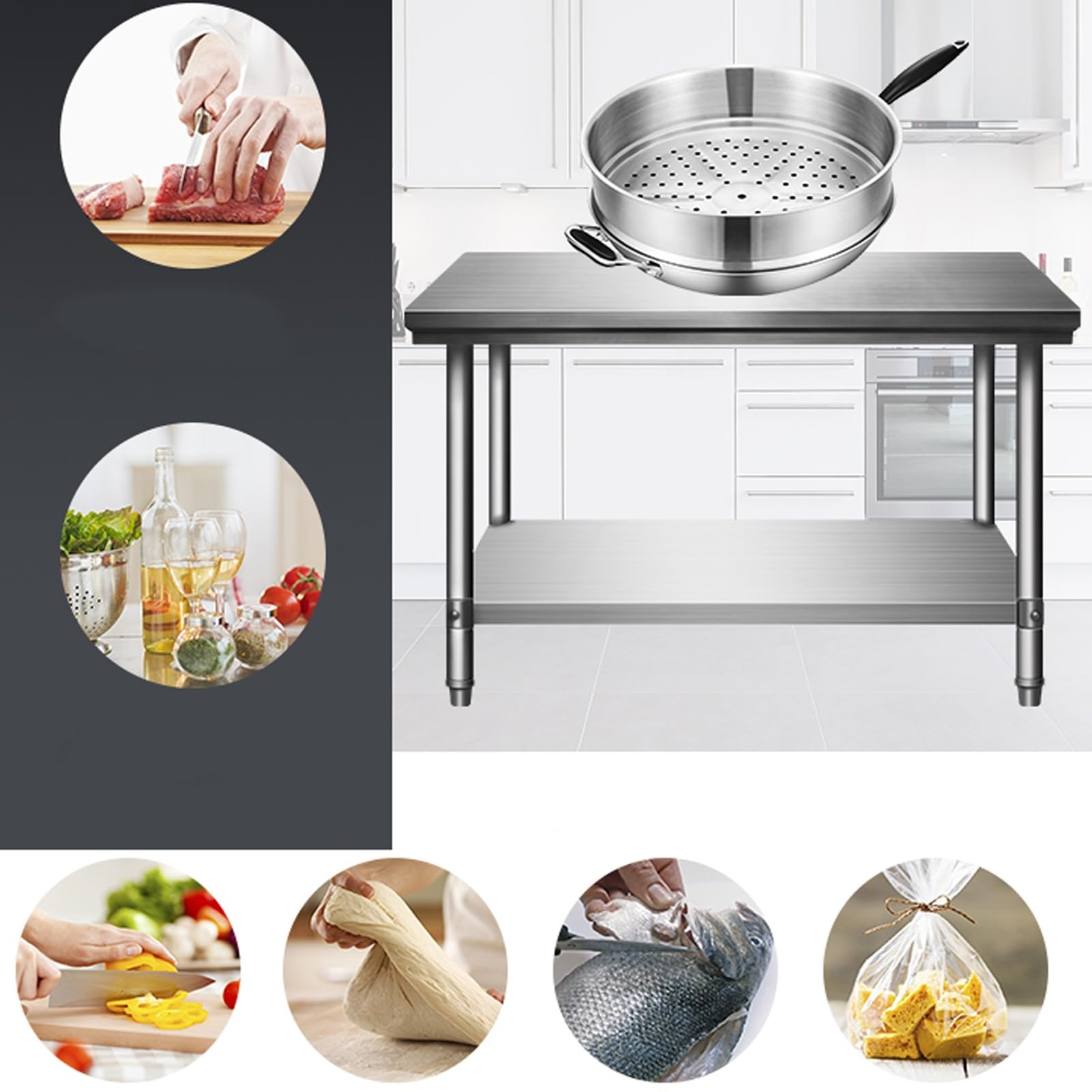 Tavolo da Preparazione, Tavolo da Lavoro Commerciale in Acciaio Inox, banco da Lavoro Regolabile per la Preparazione degli Alimenti, Piano di Lavoro da Cucina Resistente con 2 Ripiani, Ideal