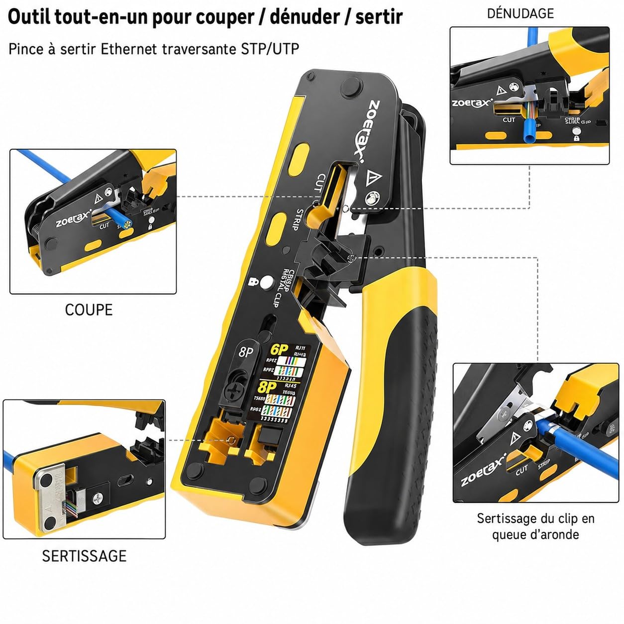 Outil de sertissage Cat7 RJ45, Cat 7 Cat6A, kit d'outils de sertissage réseau avec testeur de câble, dénudeur multiplié, lames, 50 connecteurs Cat 7 et bottes anti-traction
