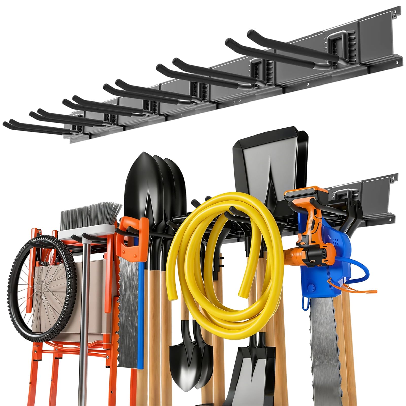 48 Zoll Wandhalterung Gerätehalter mit 6 Verstellbar Haken, Metall-Wandregal Gartengerätehalter, Garten Wand Werkzeughalter, Garagen Werkzeug Organizer für Skiausrüstung, Stühle, Besen, Rechen, Mopps