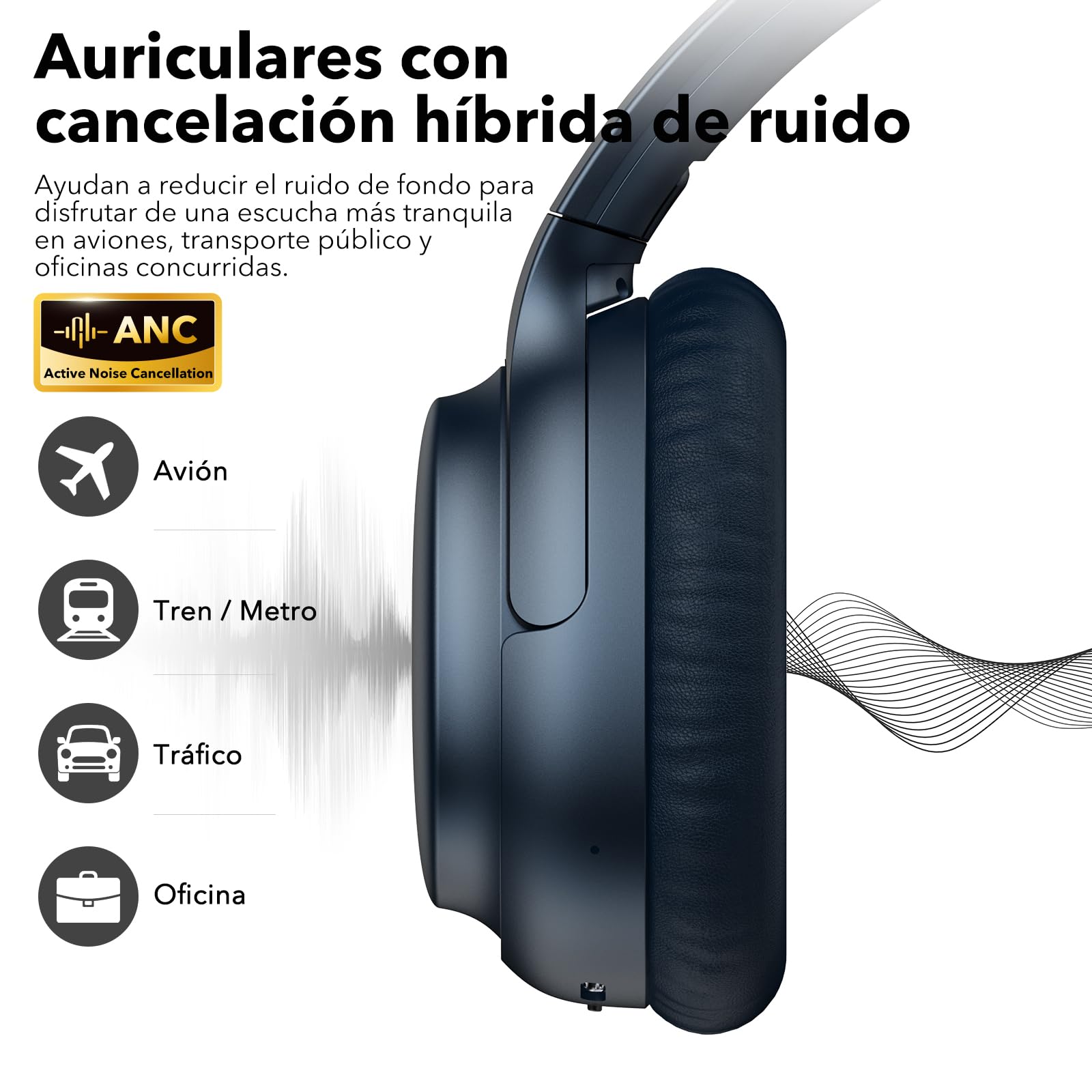 1Mii E700 Cascos Cancelación Ruido Inalámbricos Bluetooth Diadema, Azul | ANC Híbrida para Viajes/Avión, Hi-Res LDAC con Graves Potentes, Cómodos para Oficina/Estudio, aptX Low Latency para TV