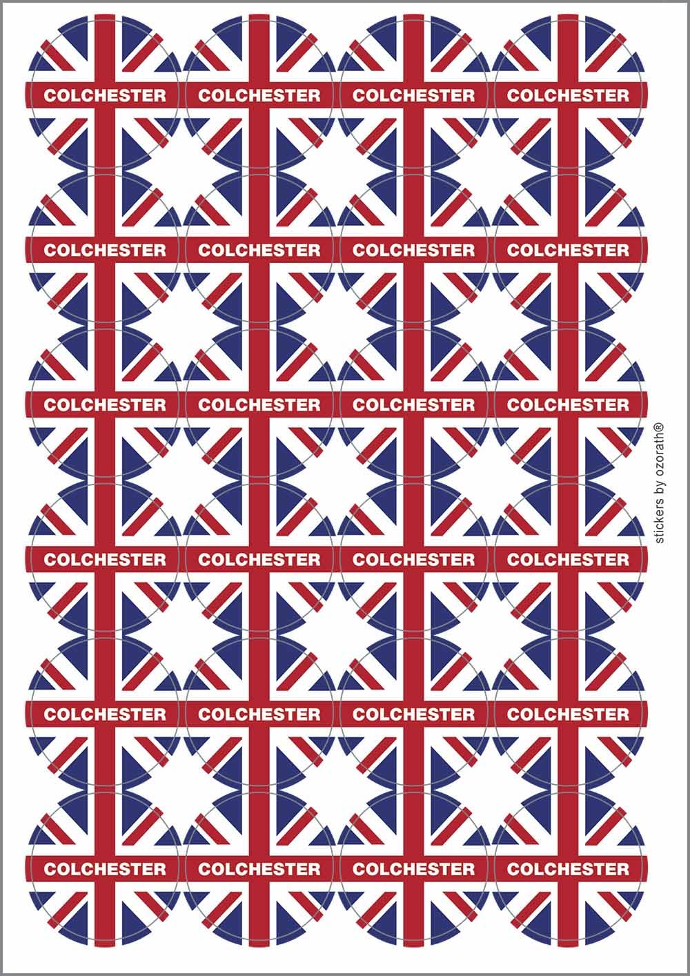 Colchester Union Jack Circular Matt Paper Stickers A4 Sheet of 24 (Each Sticker is 45mm Diameter)
