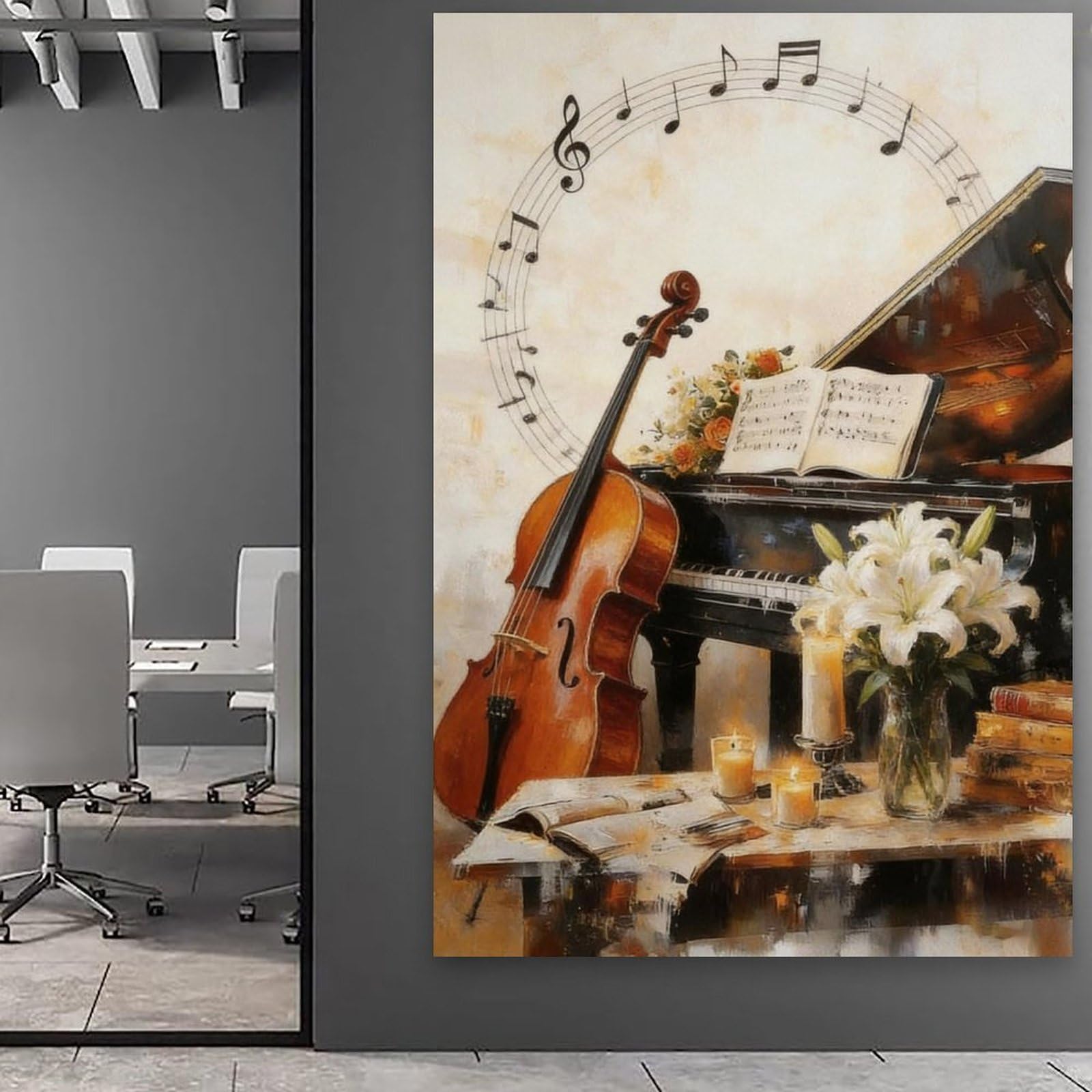 Poster su tela, decorazione artistica da parete con pianoforte, violino, musica a tema jazz, stampa artistica su tela moderna per soggiorno, bagno, camera da letto, casa, 60 x 90 cm