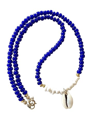 Blue and White Shell Choker, Cobalt Blue African Vintage Trade Beads, Hawaiian Puka Shells, Cowrie Shell, Beach Necklace, 24K Gold Vermeil.