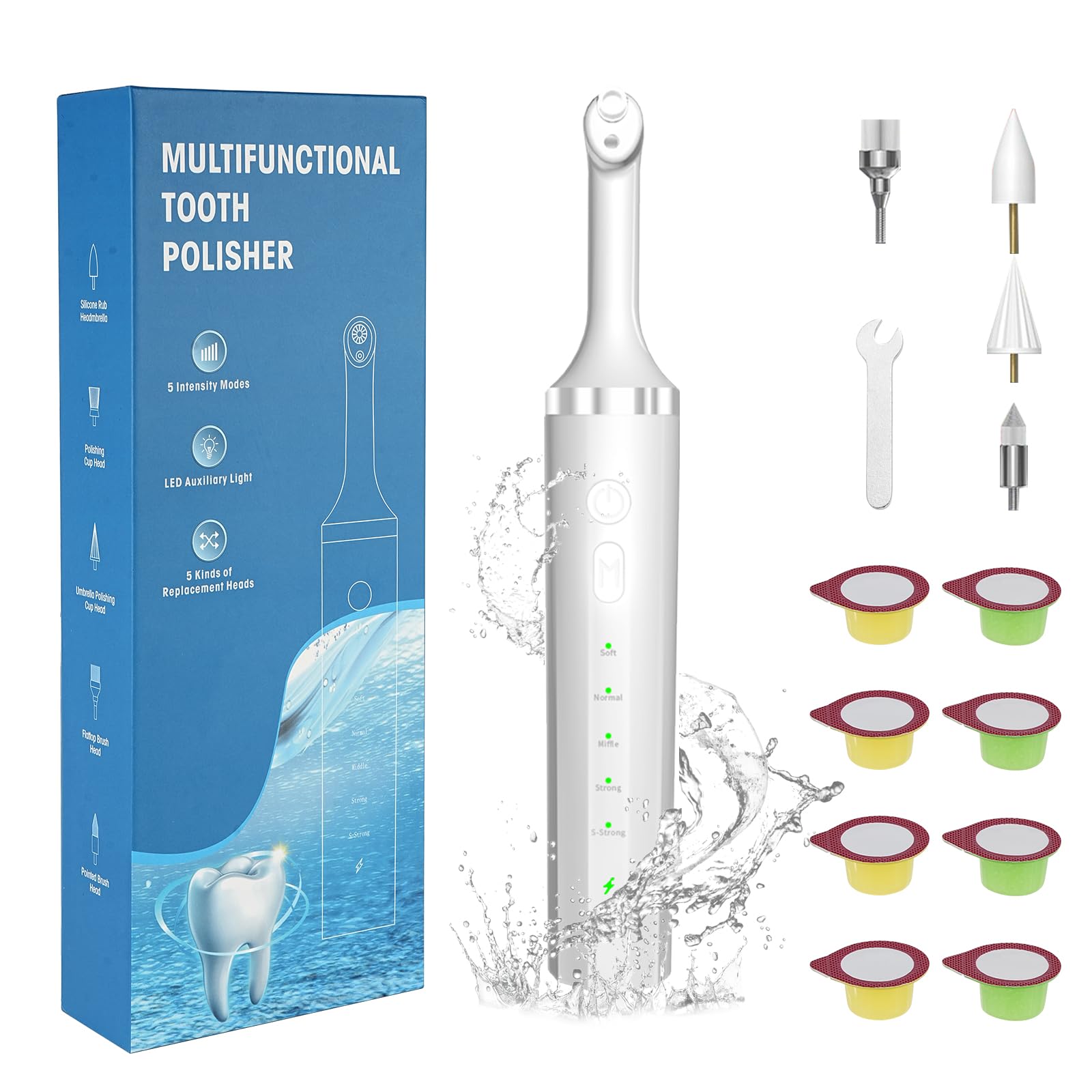 Teeth Polisher with 5 Brush Heads 8 Polish Pastes 5 Speed Modes and LED Light IPX6 Waterproof Tooth