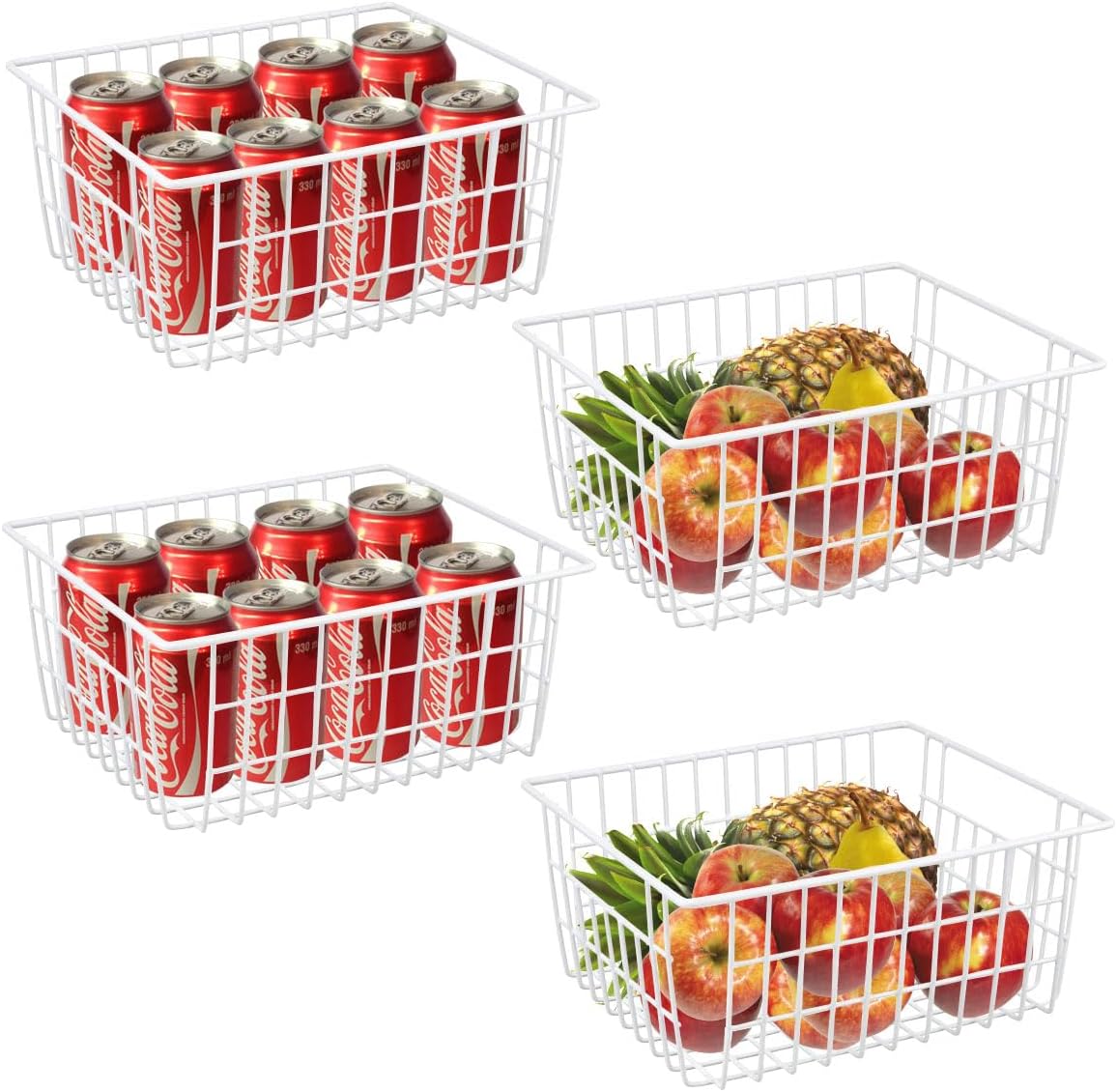 4 Pack White Wire Baskets 11.1"x8.7"x4.7", Wire Freezer Storage Organizer Bins Farmhouse Metal Freezer Basket with Handles for Cabinets, Pantry, Closets, Bedrooms
