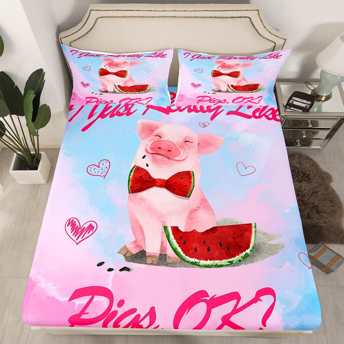 Girls Pig Bedding Fitted Sheet Waterlemom Pig Bed Sheet Set for Kids Boys Girls Cartoon Animal Bedding Sheets Cute Animal Bed Sheet Set King Size