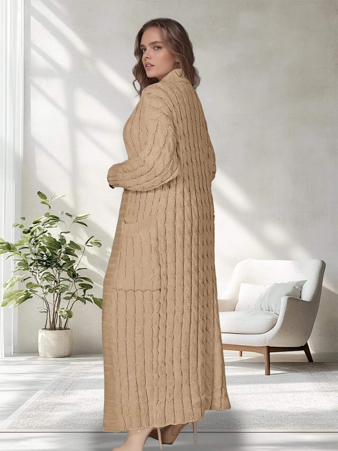 Long Cardigan Sweaters for Women 2026 Spring Fall Open Front Long Sleeve Clable Knit Sweater Coat with Pockets - Image 5