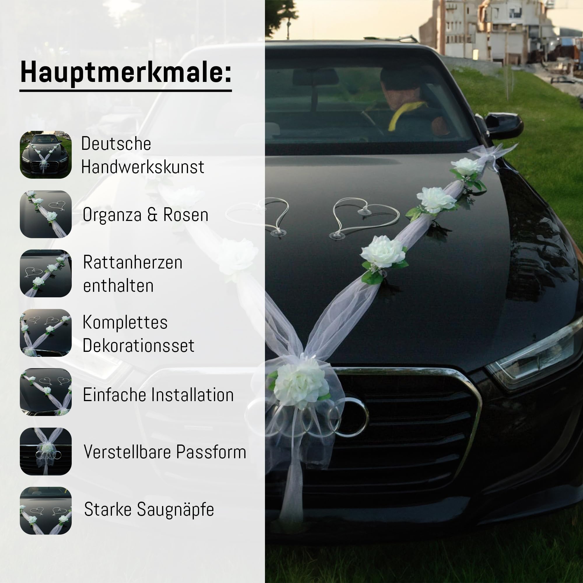 Organza M + de cœurs voiture de mariage bijoux rose décoration décoration auto Bijoux Mariage Car Auto Wedding ratan Guirlande voitures Weiß / Weiß / Weiß