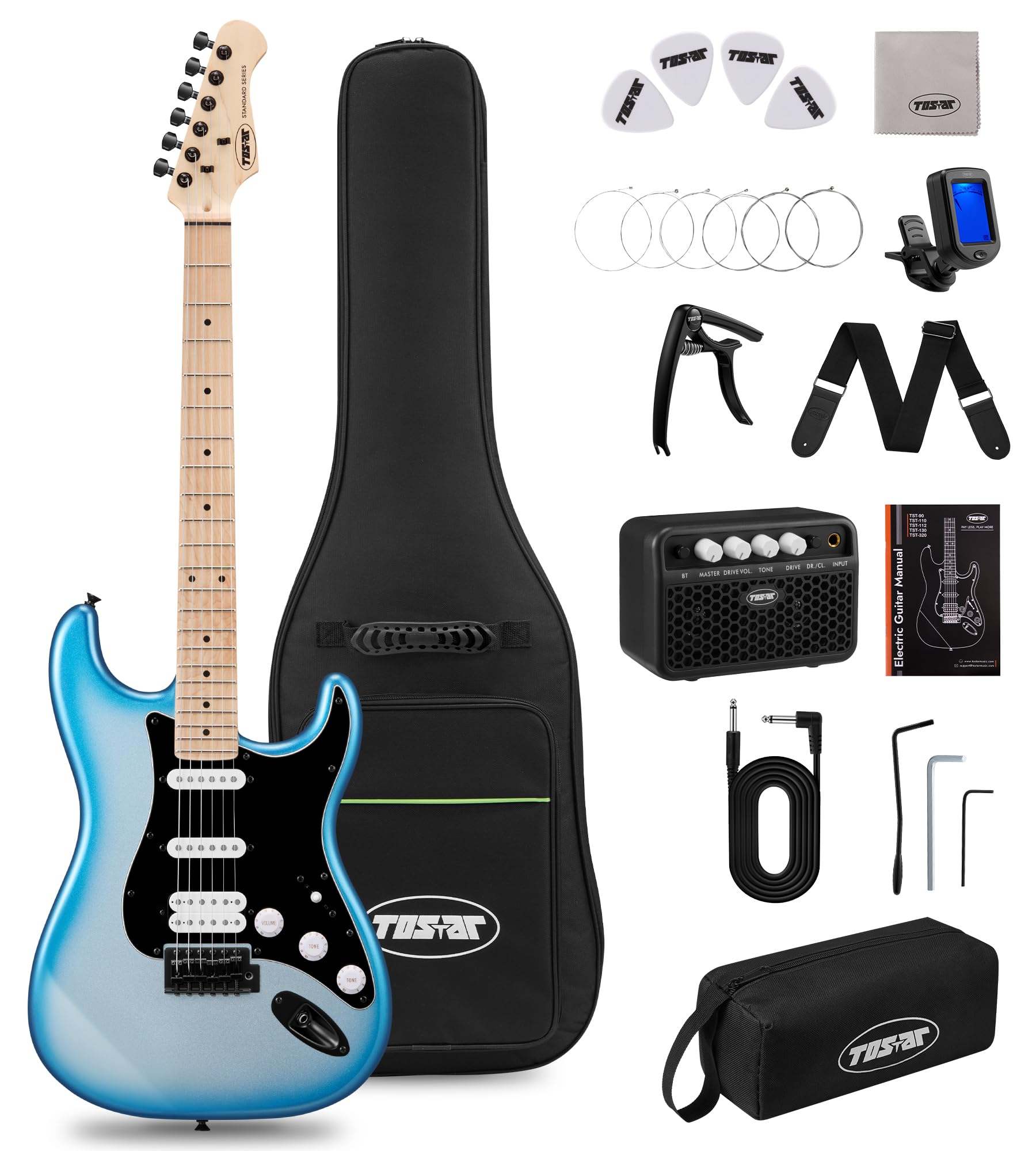 TOSTAR Zestaw do gitary elektrycznej, 80 cm, gitara praworęczna z litego drewna, dla początkujących, z wzmacniaczem, pick-up HSS, korpus topolowy, ręcznie polerowana, metaliczny niebieski, TST-320