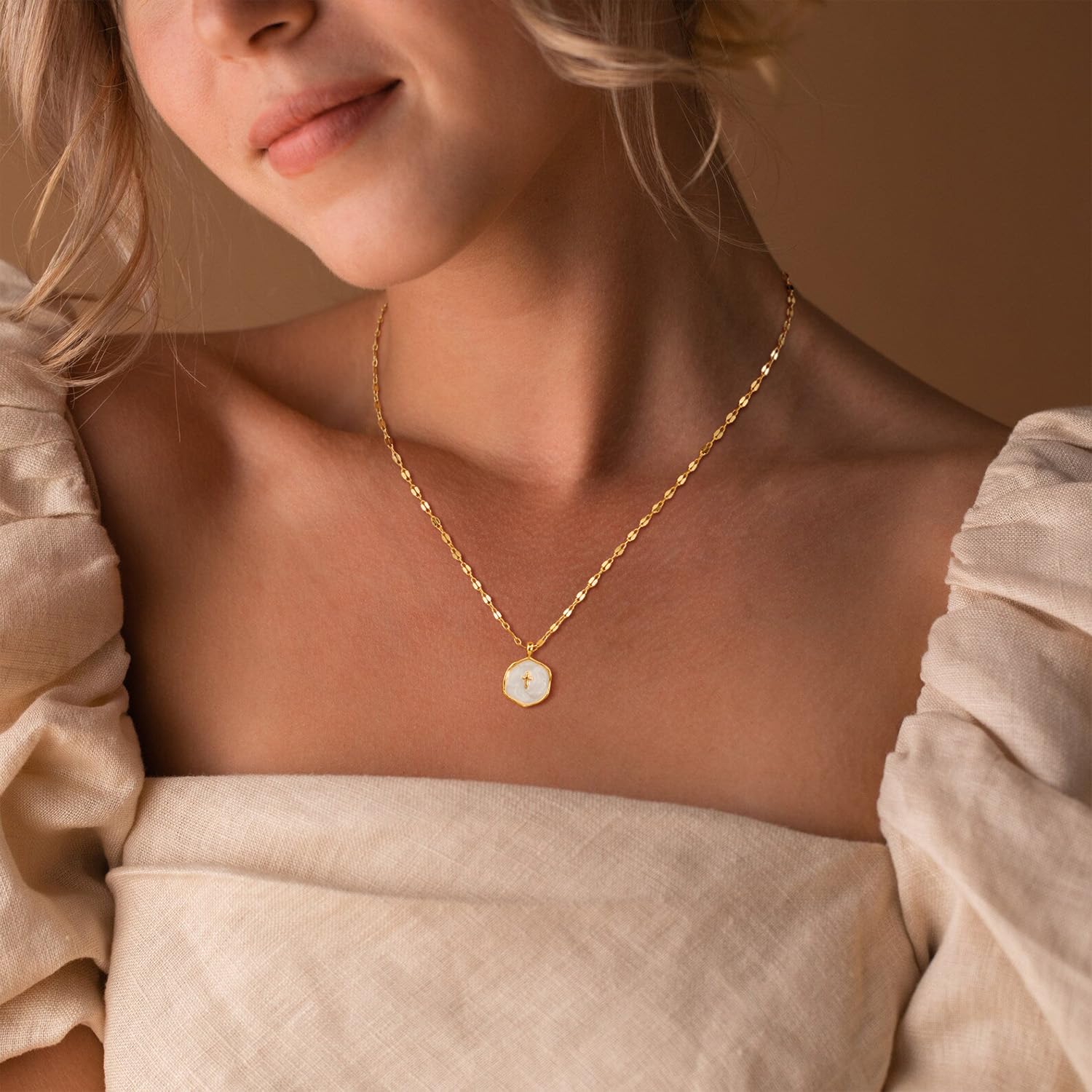 Patwes Mothers Day Gifts for Mom Cross Necklace for Women Dainty 14K Gold Plated Cross Coin Necklace Simple Round Disc Pendant Minimalist Cute Charm Everyday Religious Jewelry Gifts in use