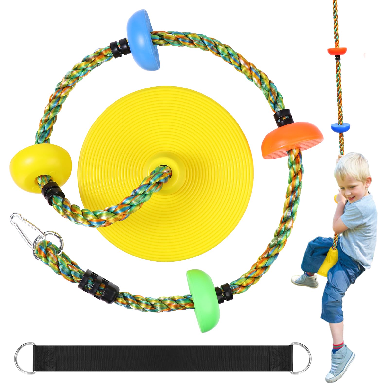 Tree Swing Rainbow Climbing Rope, Heavy Duty Swing Disc Seat Replacement for Kids with Hanging Strap and Platform Carabiners Indoor/Outdoor Playground Accessories (Yellow)