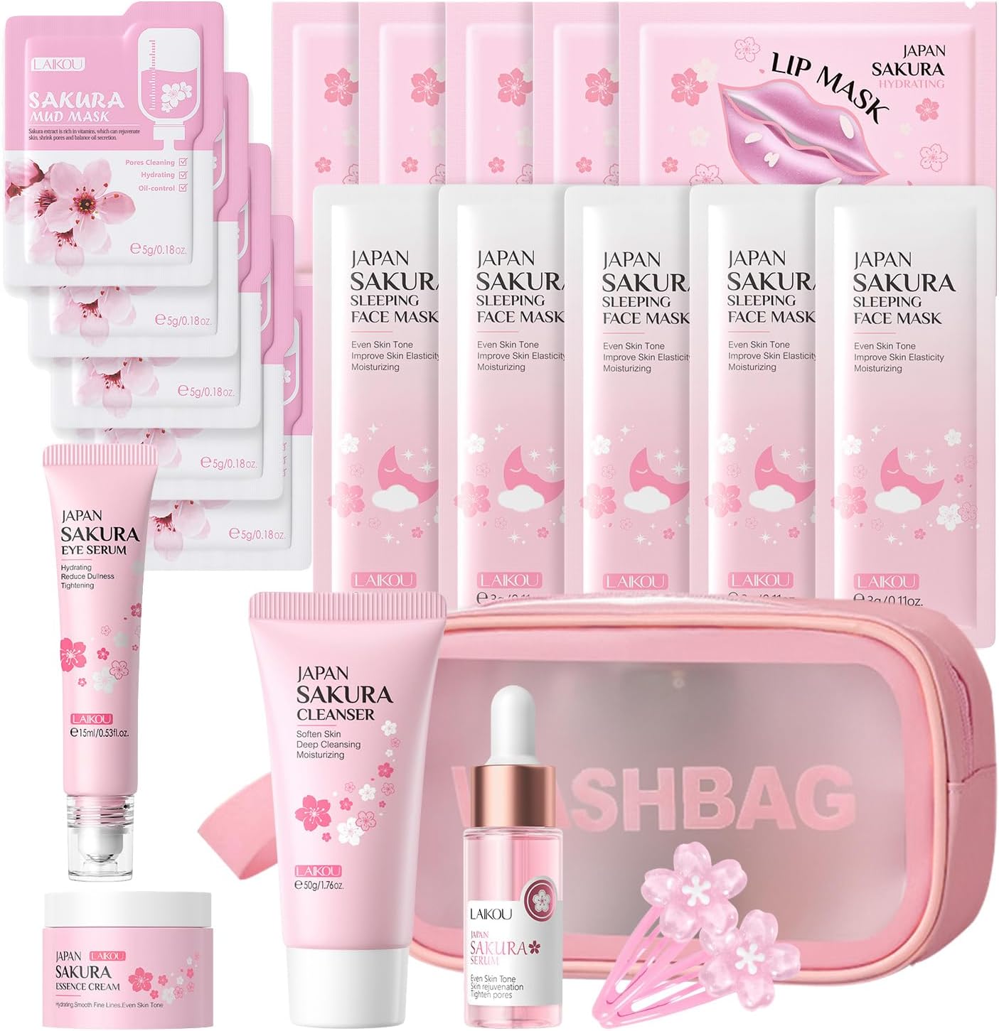 Sakura Skin Care Sets & Kits with Wash Bag,Skin Care For Teenage Girls Gifts,Facial Kits for Women,Face Mask Gift Set,Cleansing Japanese Skincare Set ,Pamper Sets (One Size, Sakura-Cleaning Kit)