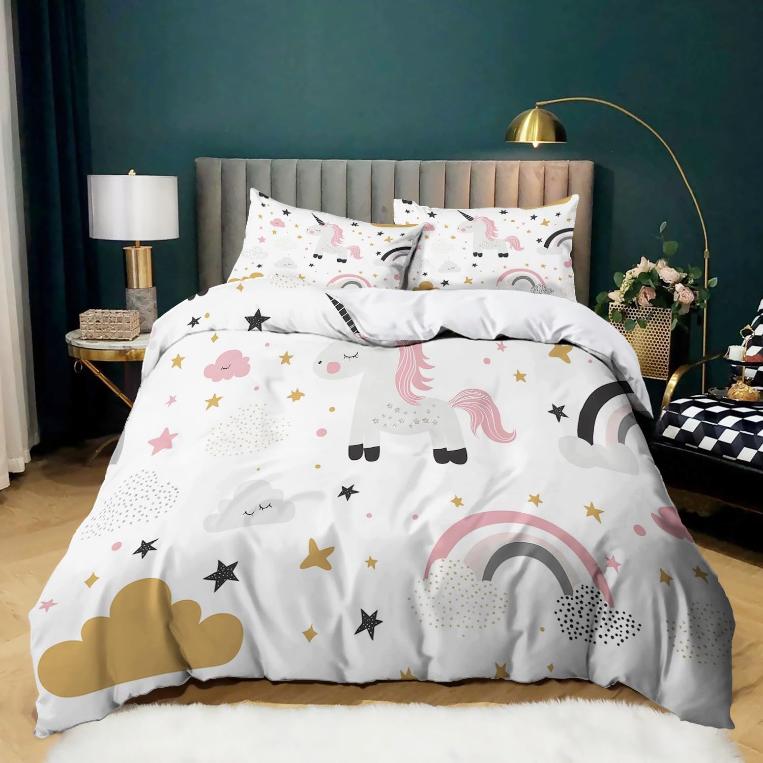 Housse de couette licorne microfibre respirante pour lit grand confort