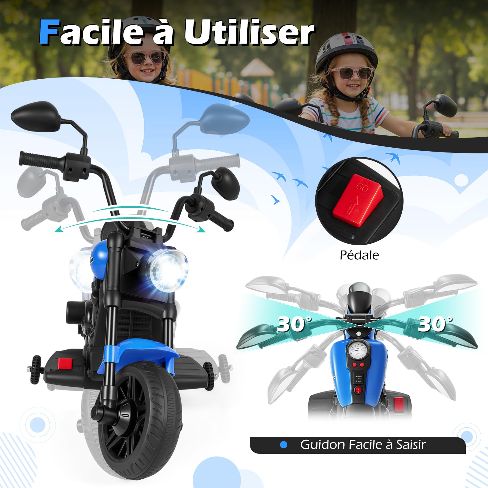 COSTWAY 6V Moto Électrique Enfant avec Musique et Phares LED, Voiture Électrique Enfant avec 2 Roues d'Entraînement Amovibles et Pédale, 2,4 km/h, Charge 30 kg pour 3 Ans+ (Bleu Marine)