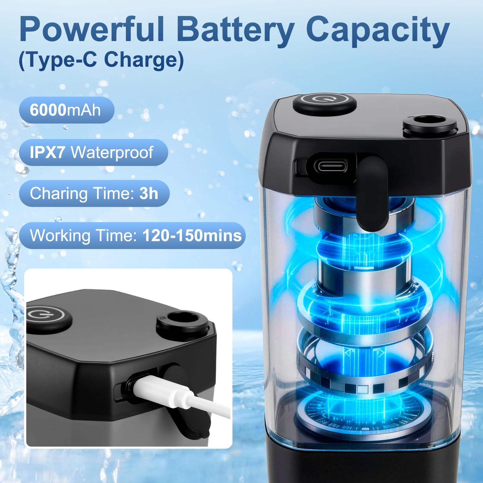 Douche portable pour camping, pompe de douche rechargeable (6000 mAh-IPX7 étanche) avec pommeau de douche, buse de pulvérisation, tuyau de 2 m et crochet, équipement de douche de camping en plein air