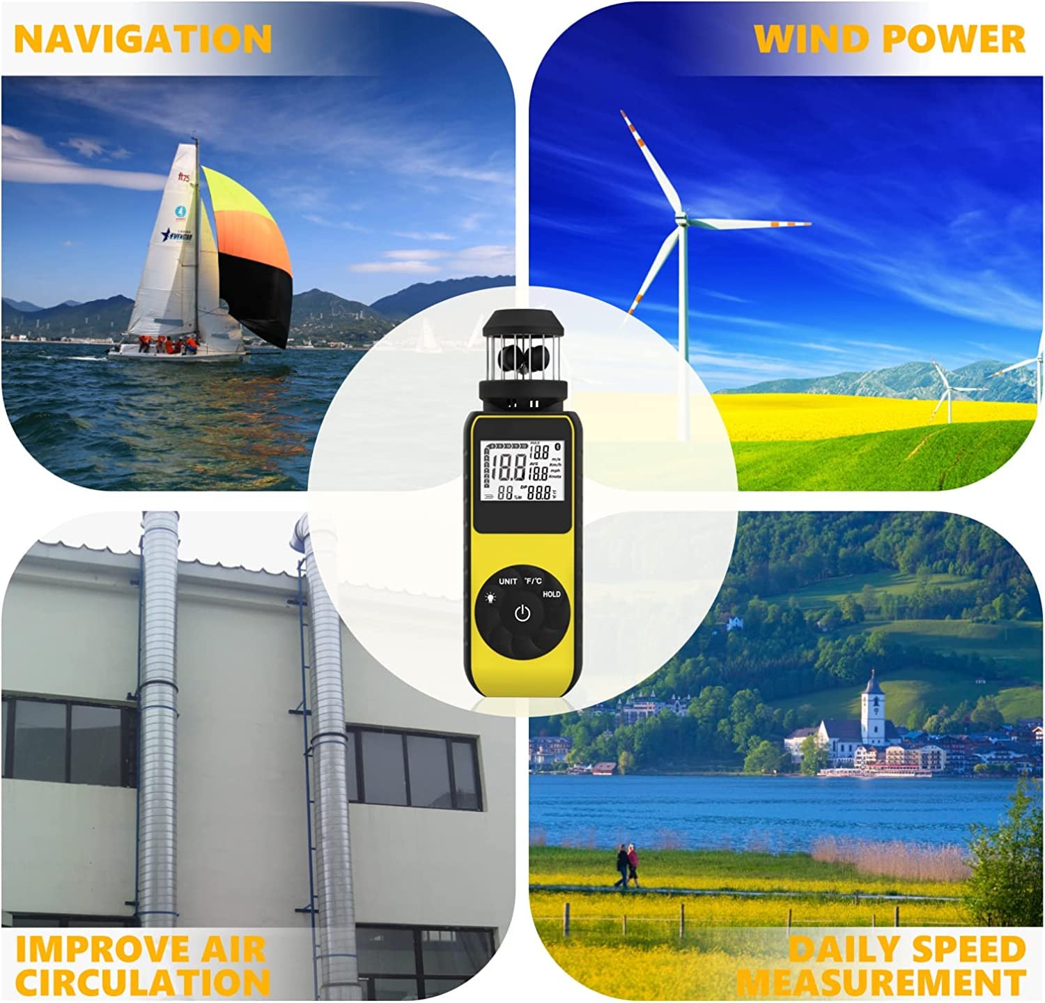Cup Windmesser Handheld 360° Wind Speed Meter Gauge RQ-881M 0,7-42 m/s Temperatur Kompass für HVAC Segeln Drohnenflug