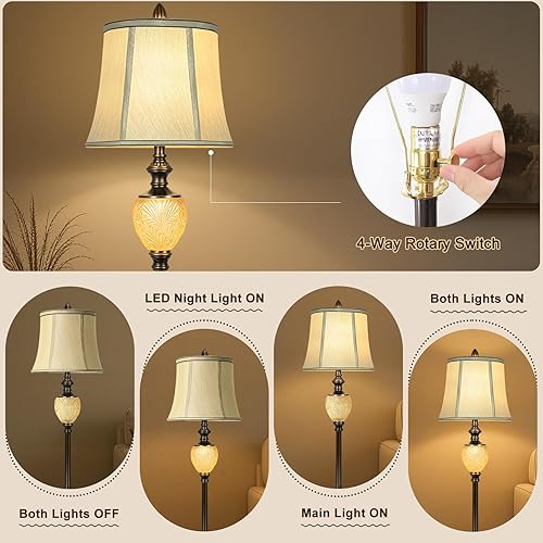 Miniatura 31 de Lámpara de pie rústica con bandeja de metal para sala de estar con luz nocturna, lámpara alta vintage con pantalla de tela de lino, lámpara de pie