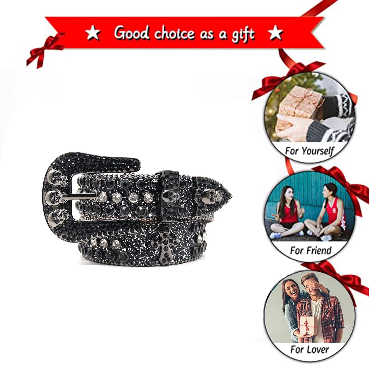 Rhinestone Belt for Women and Men Ladies Western Cowgirl Bling Shine Crystal Diamond Skulls Studded Leather Strap(105cm/waist:35", Black)