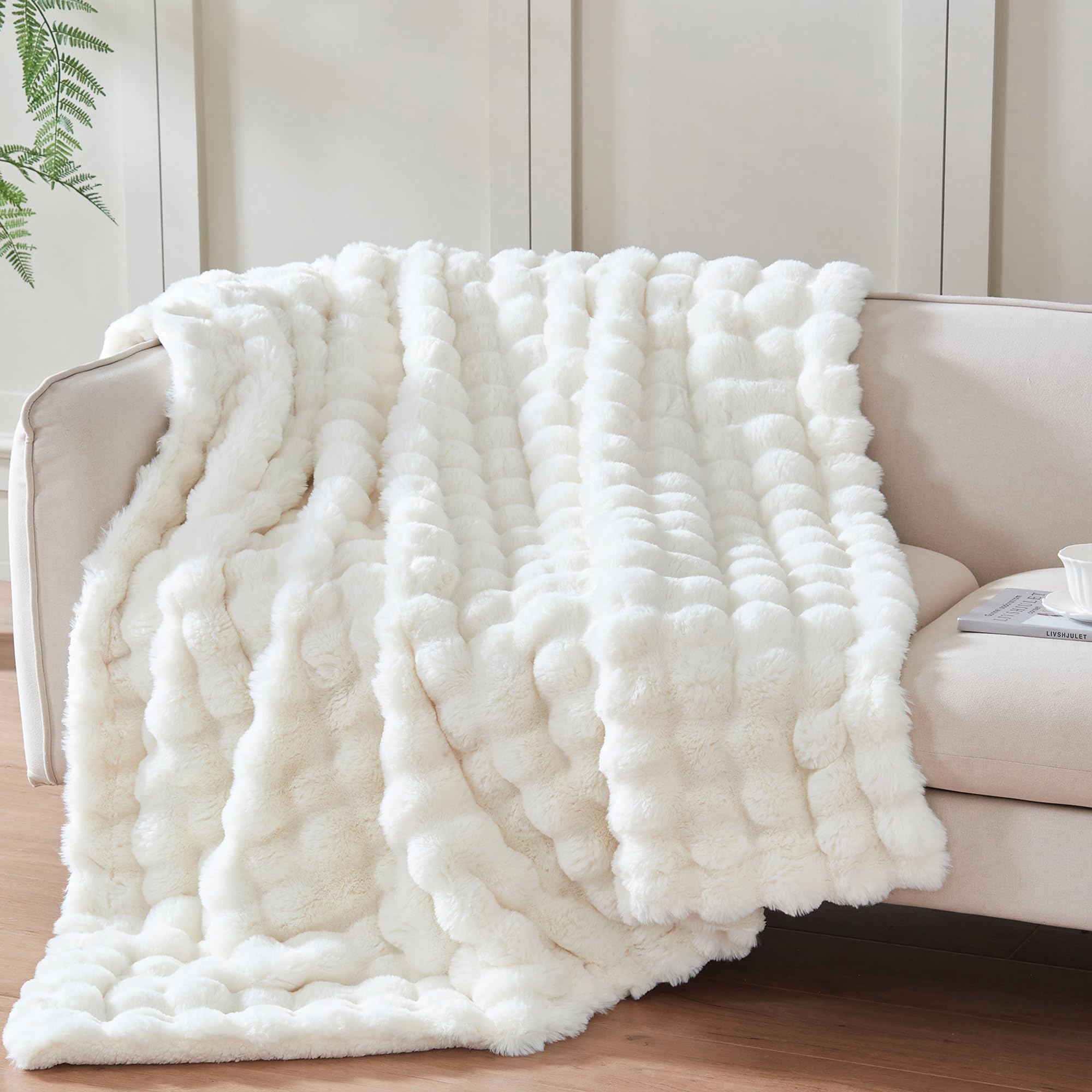 Photo 1 of Serenhom 50x60 Inches Ultra-Soft Fuzzy Faux Fur Plush Throw Blanket - Thick, Warm Sherpa for Couch, Sofa, Bedroom, Camping - Decorative Blanket for Cozy Warmth, Bubble Ivory White