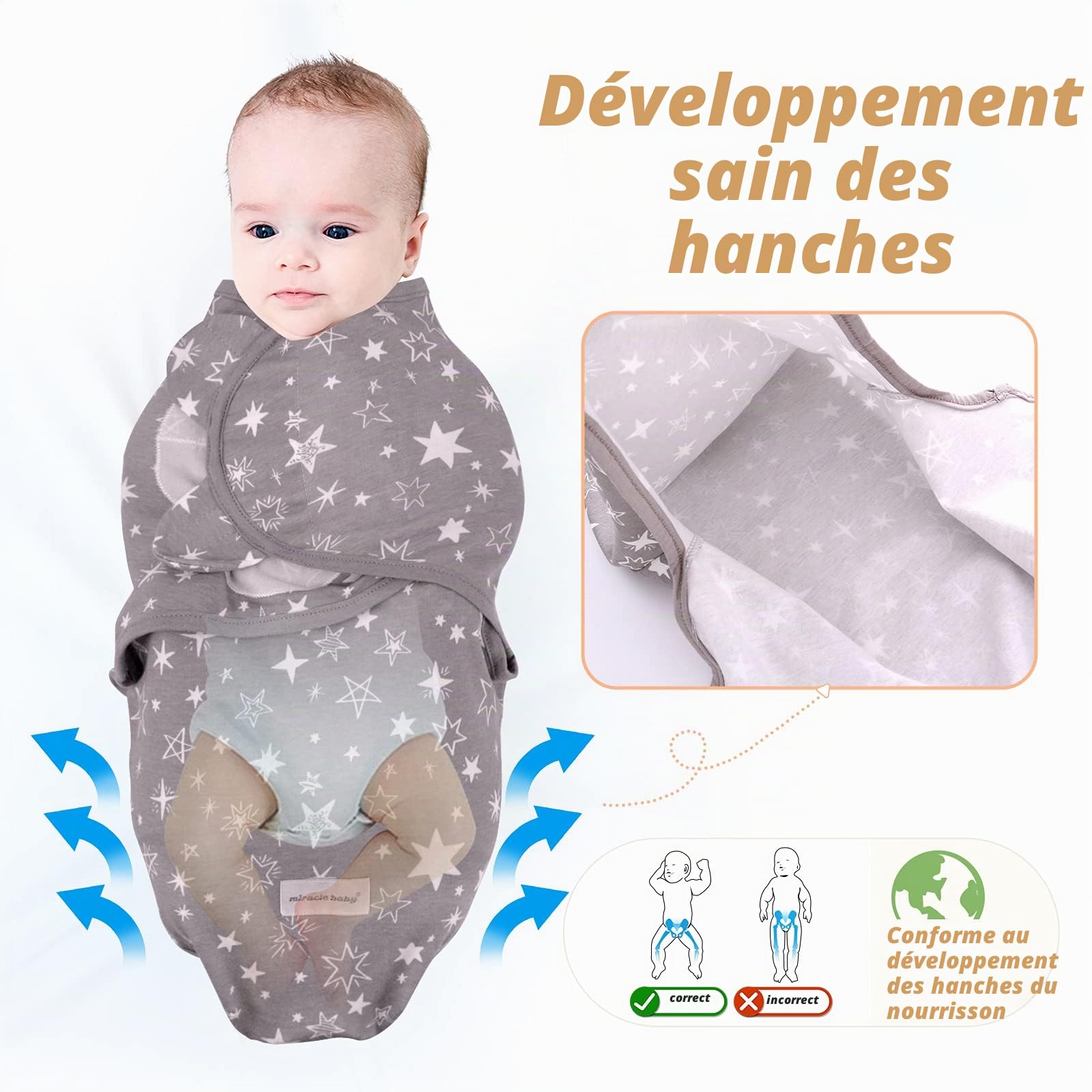 Miracle Baby 3 Pièces Couverture d'Emmaillotage Gigoteuse Sac de Couchage Lange pour Bébé Naissance Nourrisson Nouveau-Né de 0-6Mois en 100% Coton
