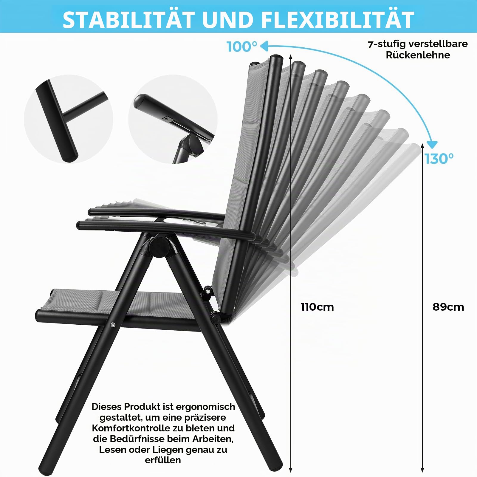 Clevich Gartenstuhl Alu 2er Set, Klappstuhl, 7-Fach Verstellbar, Maximale Belastbarkeit 120 kg, Wasserdicht, Geeignet Für Balkon, Camping,Garten, Hochwertiger Outdoor Klappstuhl (grau)