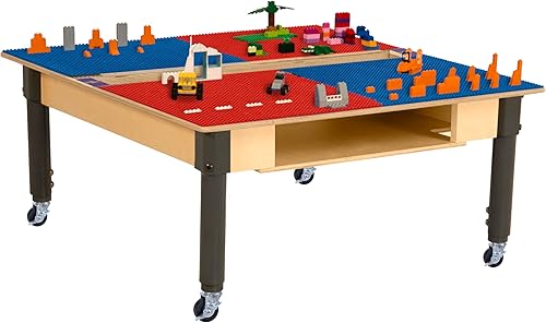 Miniatura 2 de Time-2-Play Mesa cuadrada de madera contrachapada de abedul rojo y azul de 35 pulgadas, compatible con Lego Montessori para niños con patas