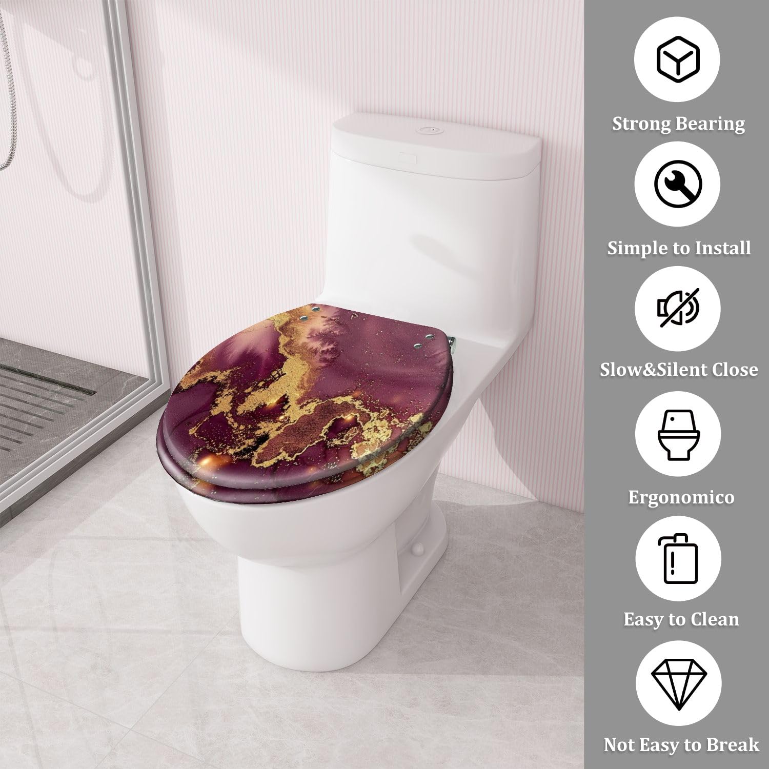 Asiento de inodoro con cierre silencioso para uso en el baño.