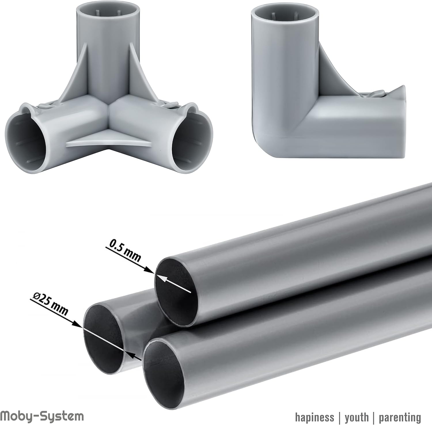 Close-up of Moby-System playpen connectors and steel tubes with dimensions