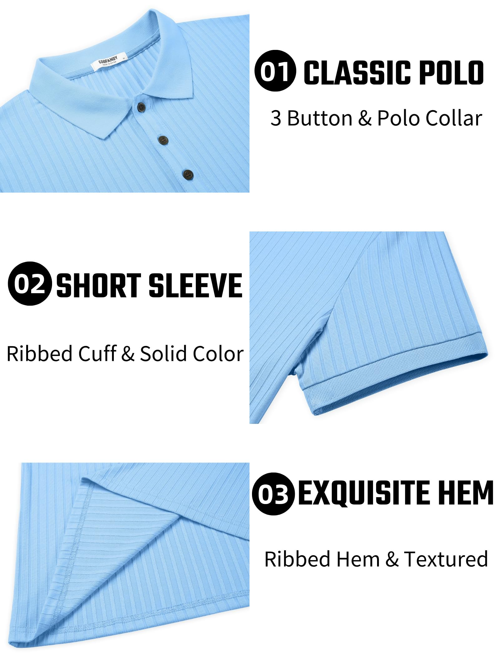 COOFANDY Polo texturé à manches courtes pour homme, coupe ajustée, style décontracté, avec boutons, col d'été, chemise de golf